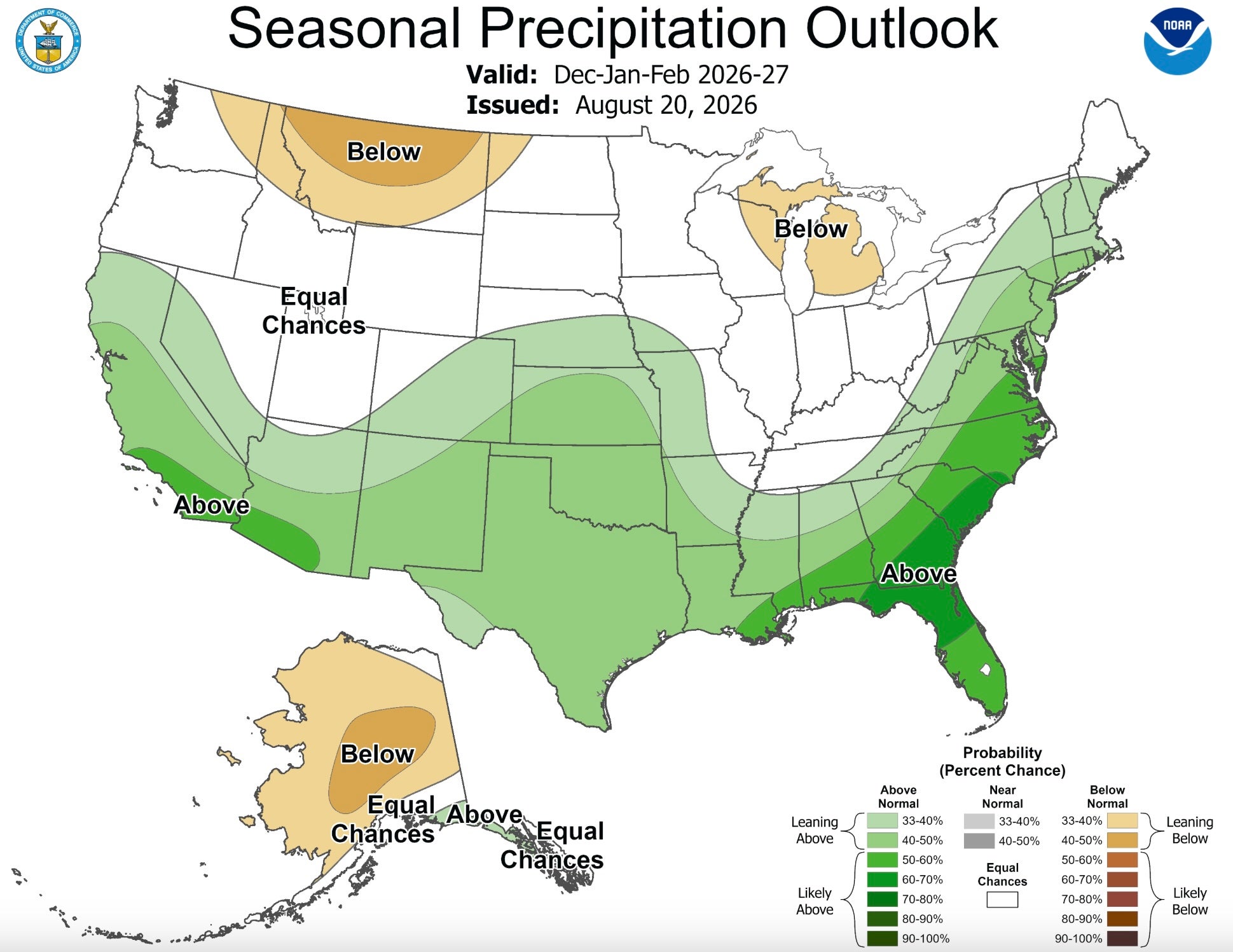 The seasonal precipitation outlook from NOAA between December and February