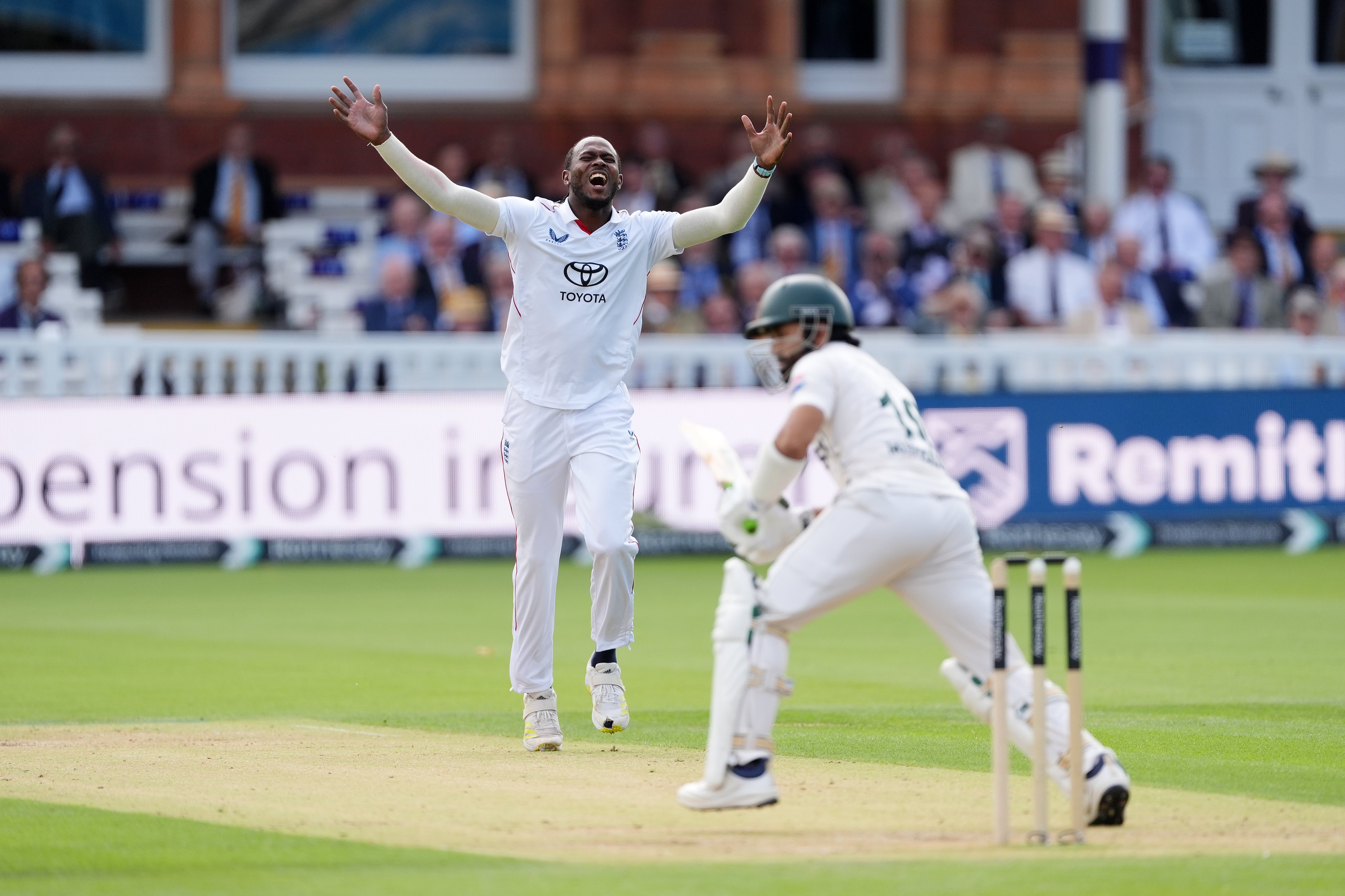 England’s Jofra Archer reacts on day two of the second Rothesay Test (Ben Whitley/PA)