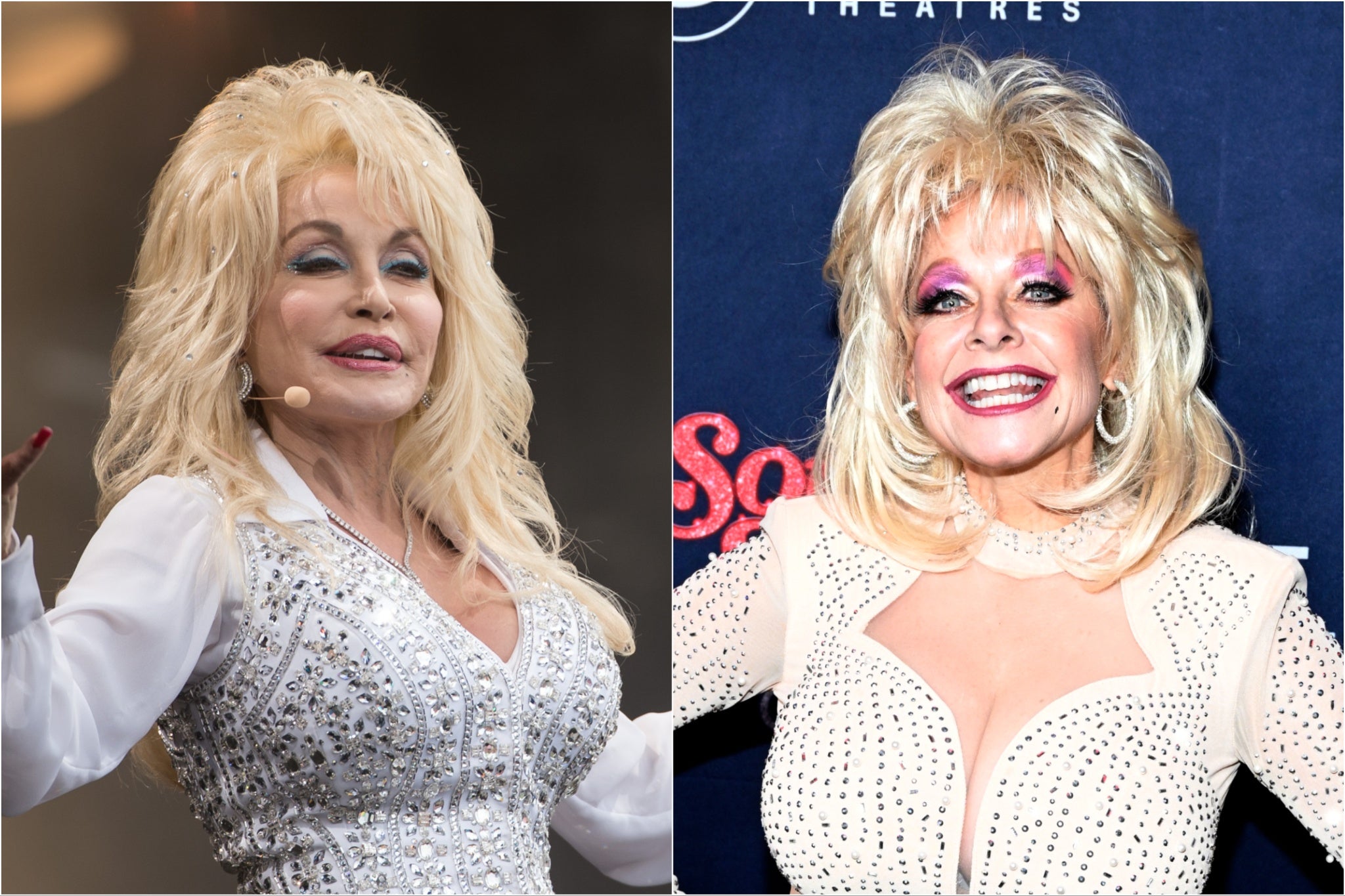 Dolly Parton (left) and Kelly Vohnn, a Las Vegas performer who has portrayed Dolly Parton over the course of her career