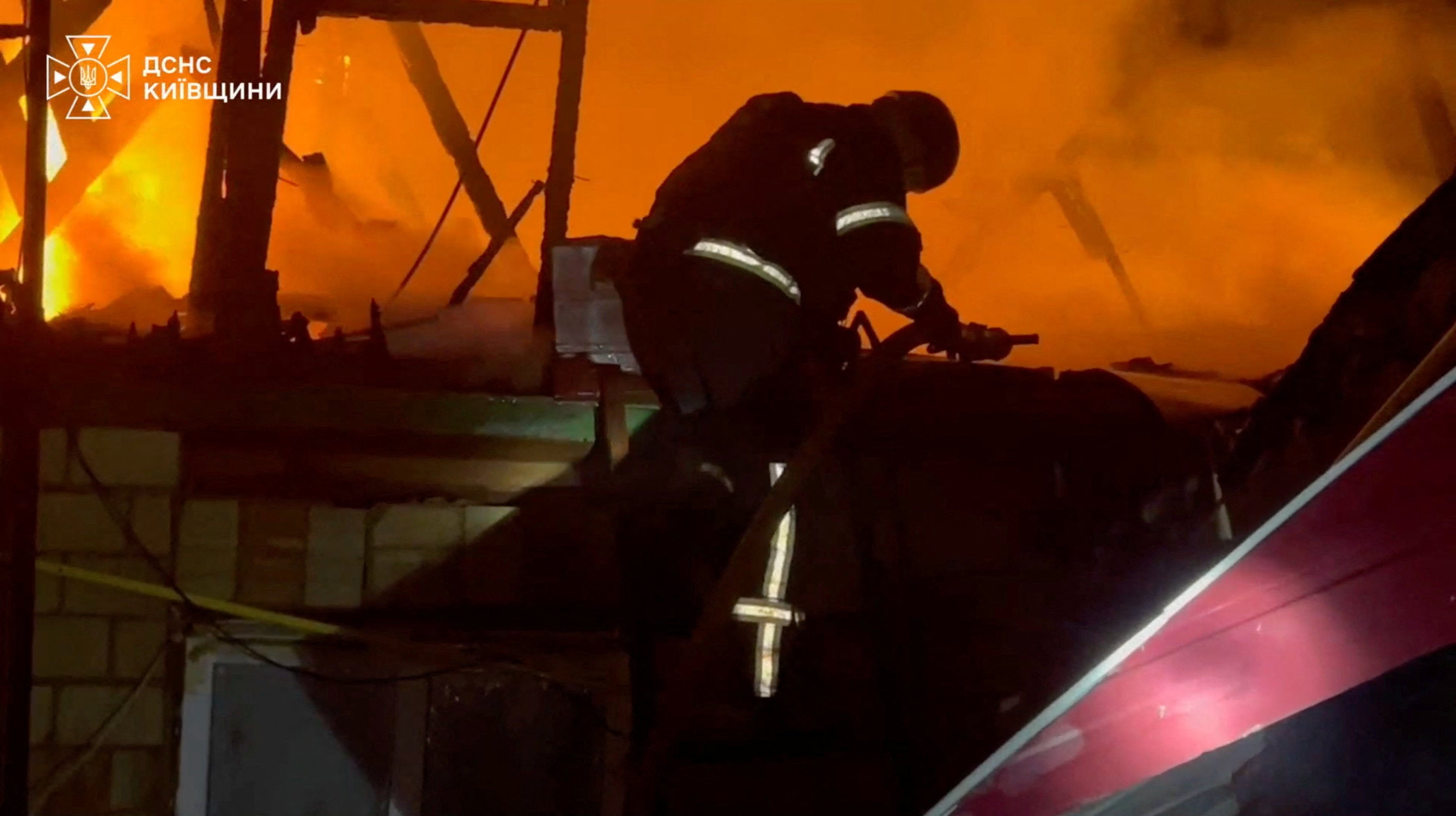 Officials said the Russian drone strike on a Kyiv-area warehouse sparked a detonation