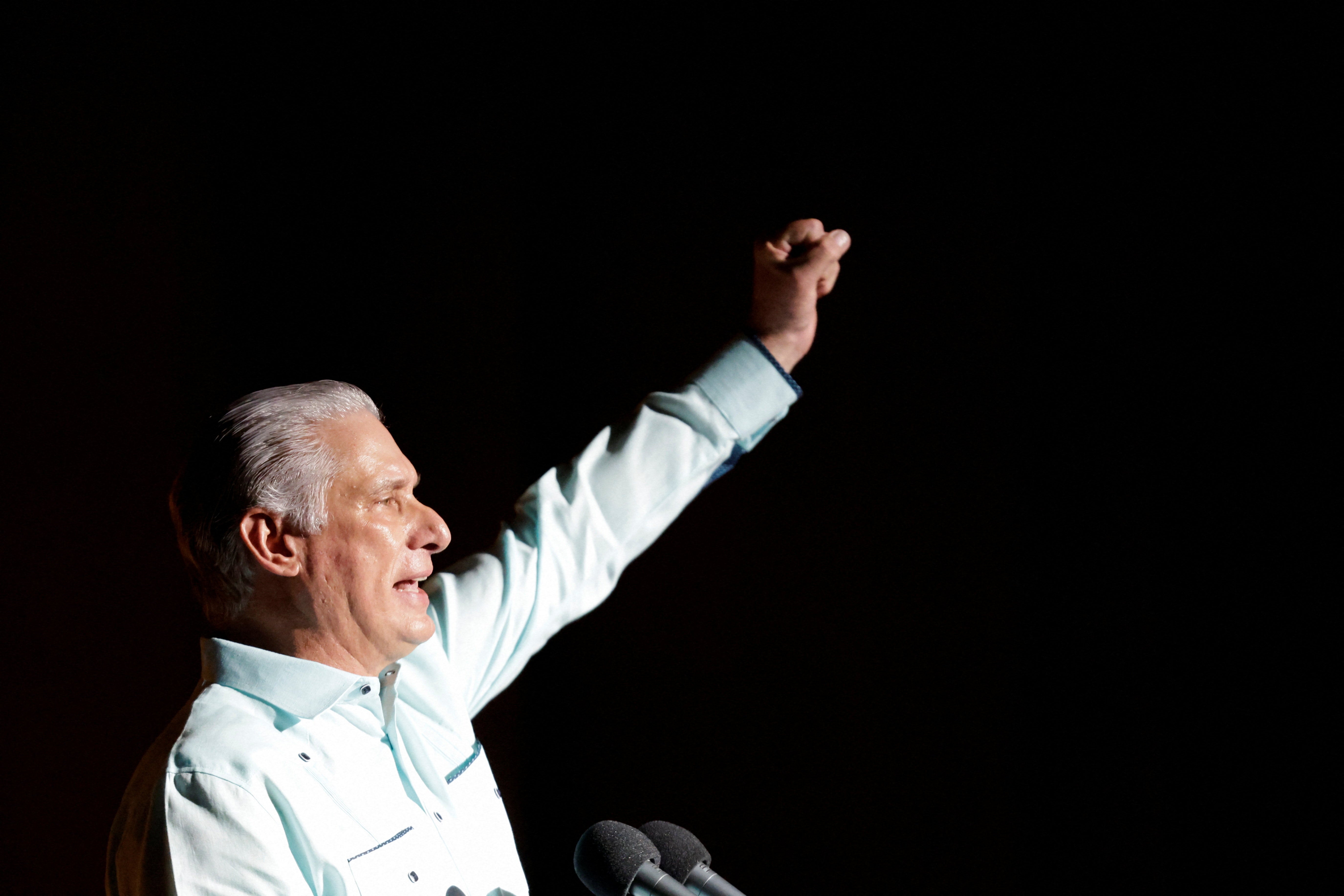 Cuban President Miguel Diaz-Canel speaks during a political and cultural show paying tribute to the late Cuban President Fidel Castro as Cuba marks what would have been his 100th birthday, in Havana, Cuba August 13, 2026