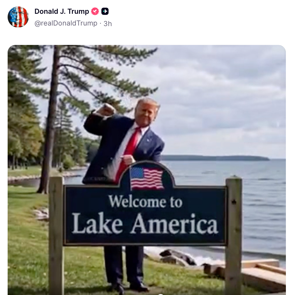 Trump posted another AI-generated video that shows the president knocking over a sign for Lake Ontario then dancing to the Village People