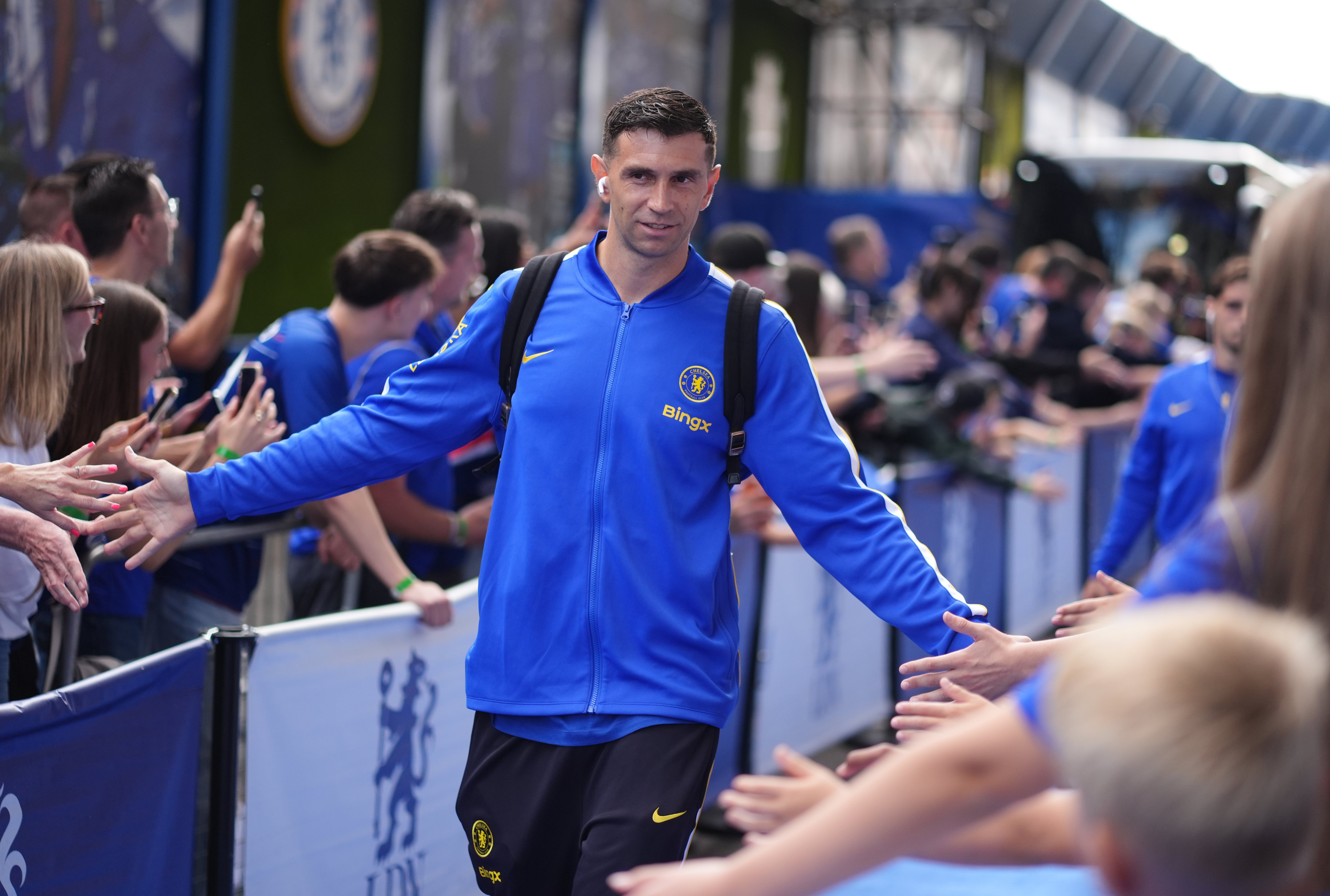 New Chelsea signing Emiliano Martinez arriving before the Premier League match at Stamford Bridge
