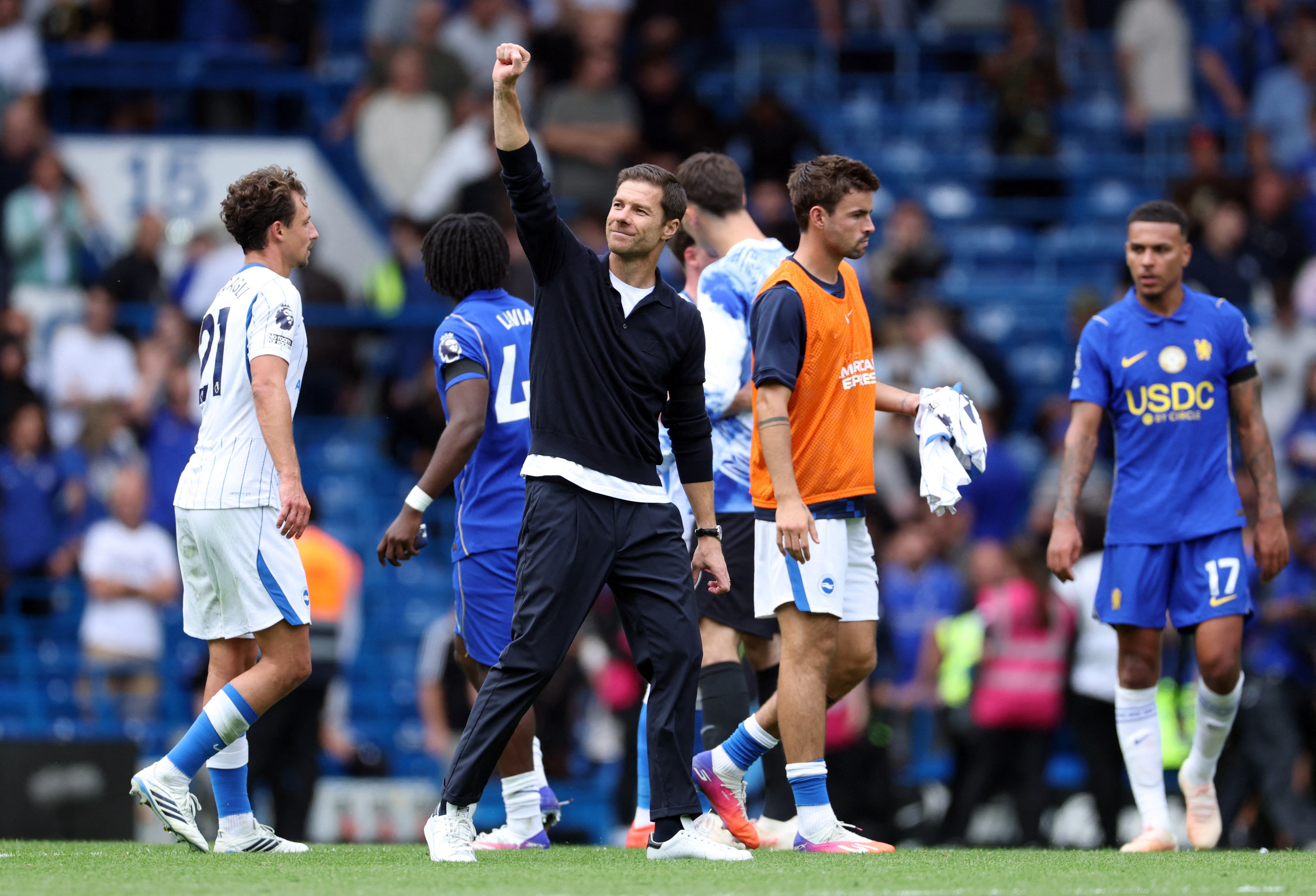 Chelsea manager Xabi Alonso celebrates after the match