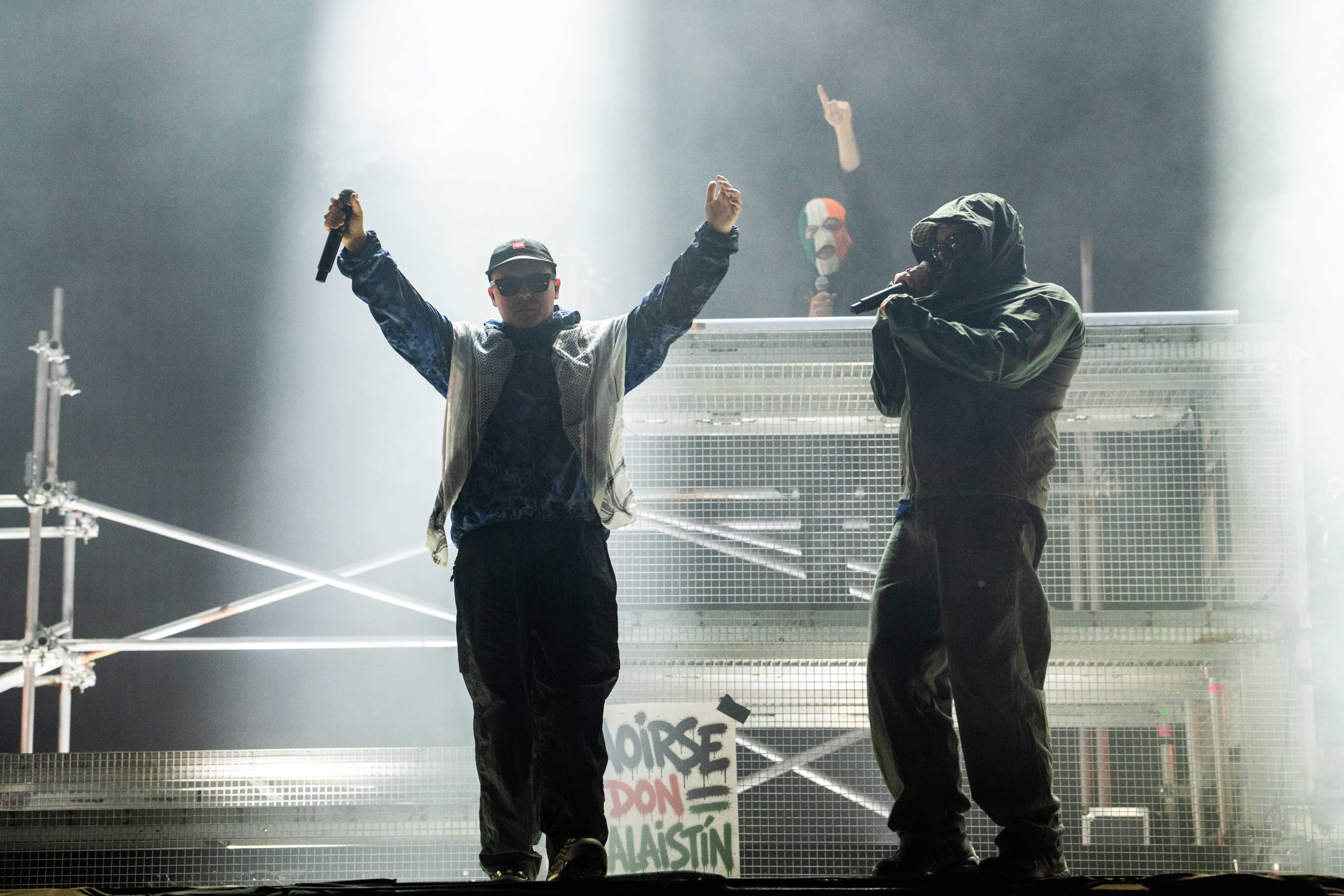 With a Palestinian flag draped over the DJ deck, the trio, consisting of rappers Moglai Bap, Mo Chara and DJ Provai – who has been replaced with an alternative due to the arrival of his newborn child – got the crowd jumping with hits from their latest album FENIAN as well as 2024’s Fine Art, with some political messaging interspersed into their set