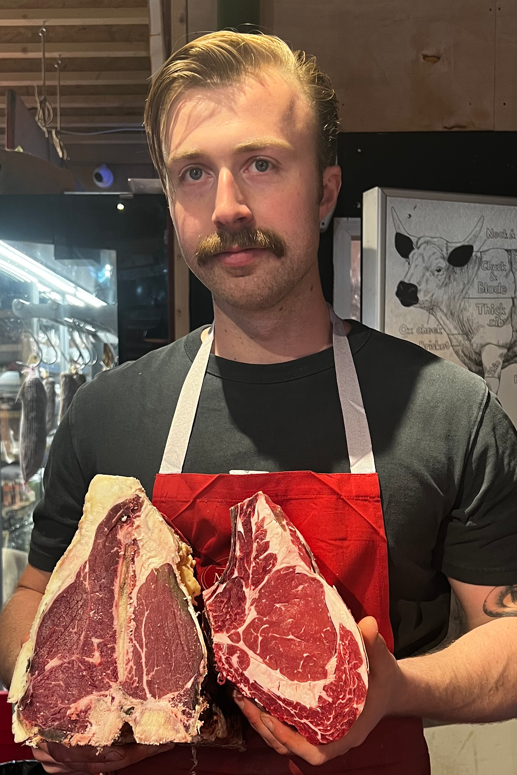 Butcher Dom McCourt says fattier cuts come into their own over fire (Northfield Farm)