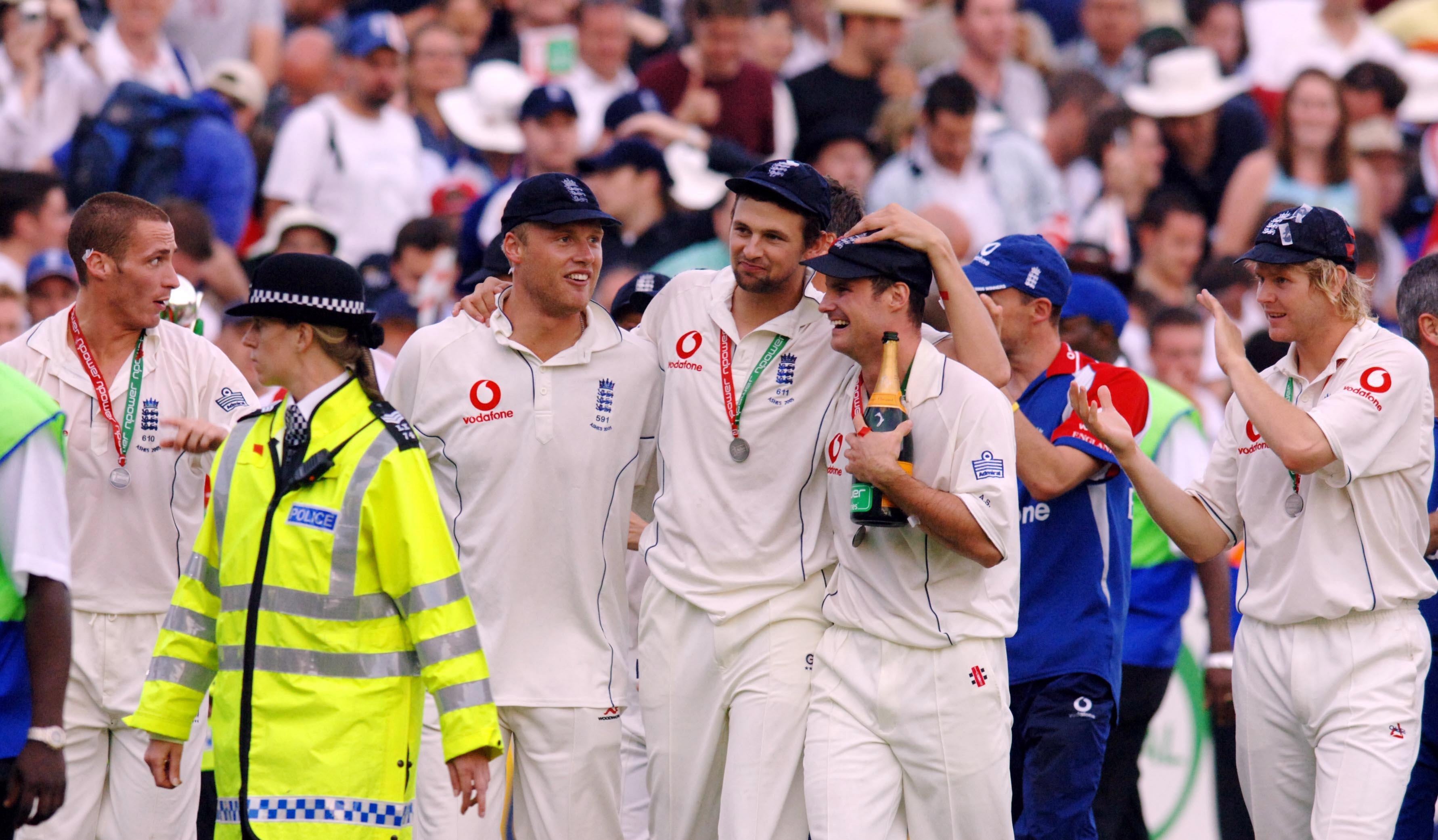 England’s pace quartet from 2005, joined by Andrew Strauss (second right). (Sean Dempsey/PA)