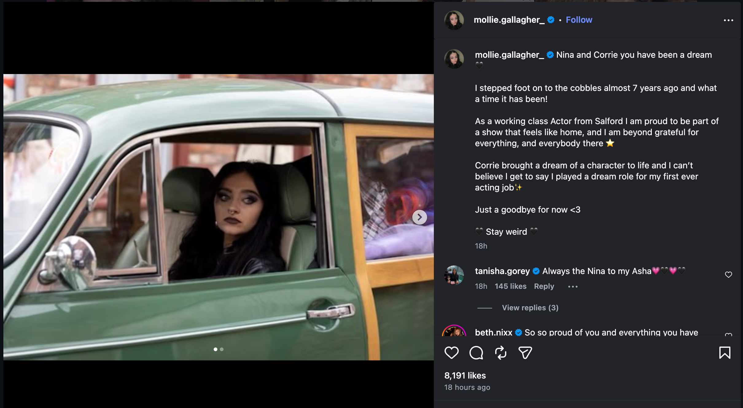 Mollie Gallagher paid tribute to 'Corrie' after leaving soap (Instagram)