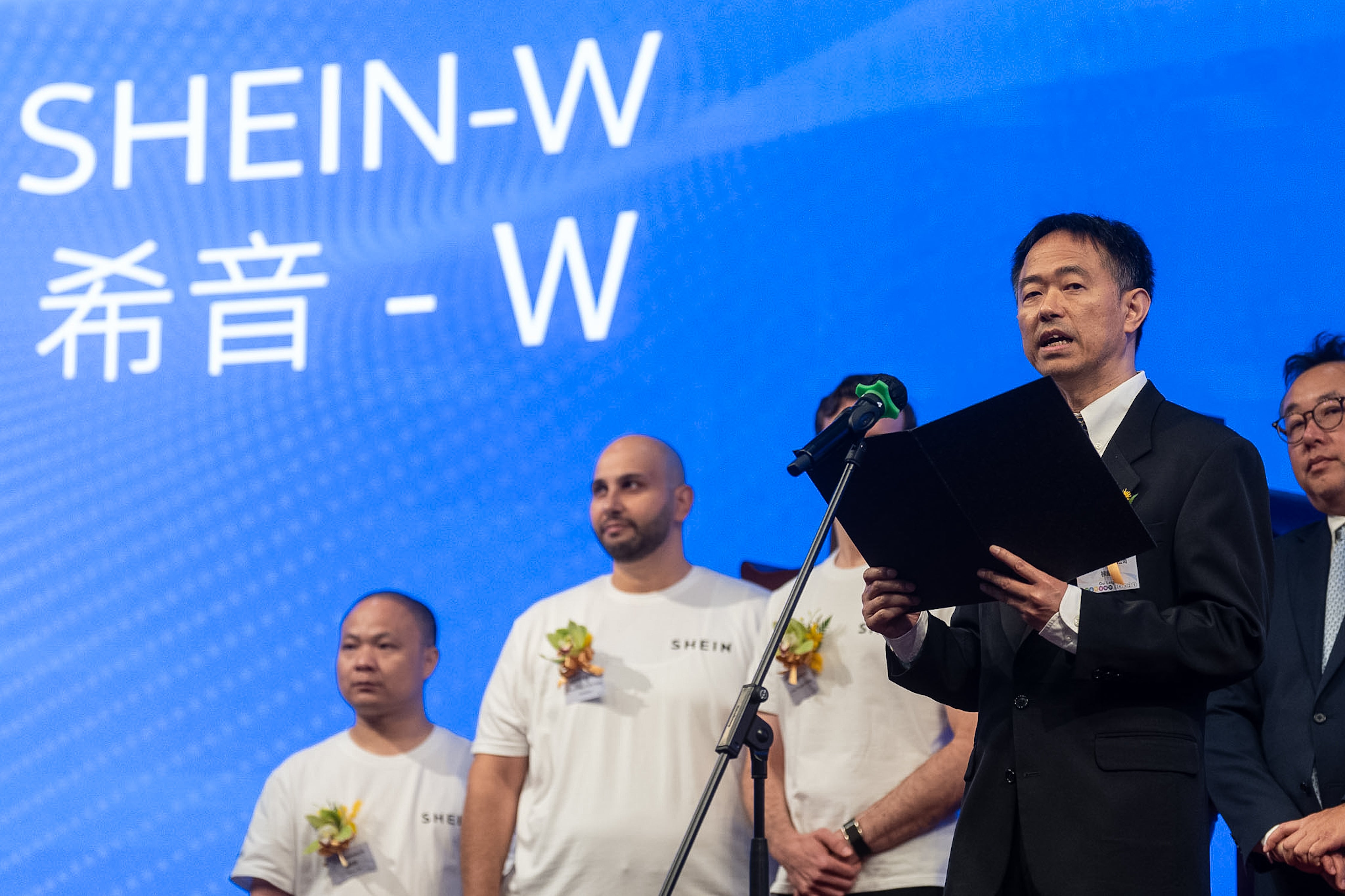 Leigh Gui, Chief Financial Officer of fast-fashion online retailer Shein, speaks at the listing ceremony in Hong Kong