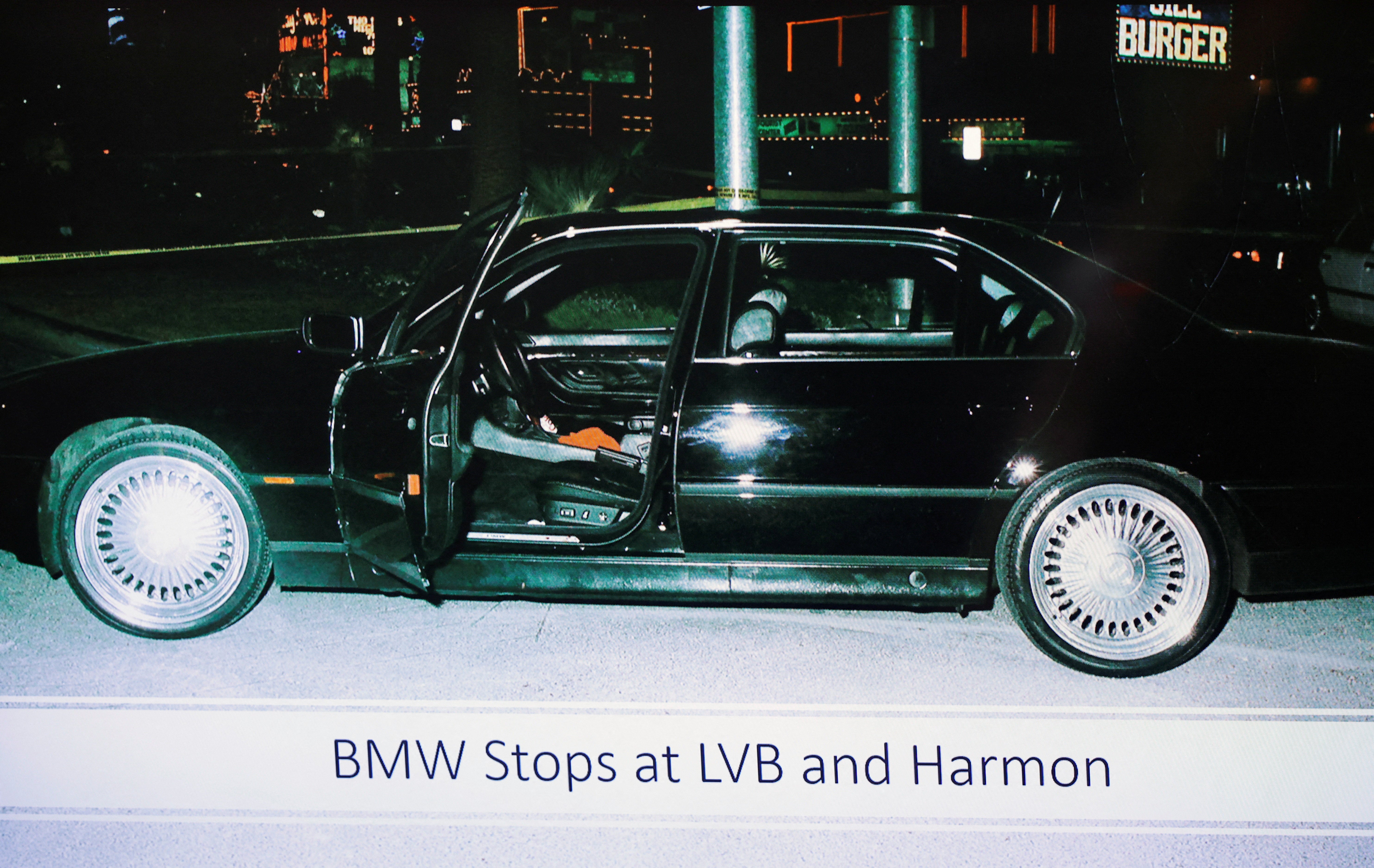 A 1996 photo of the black BMW that Tupac Shakur and Marion “Suge” Knight were riding in (Reuters)