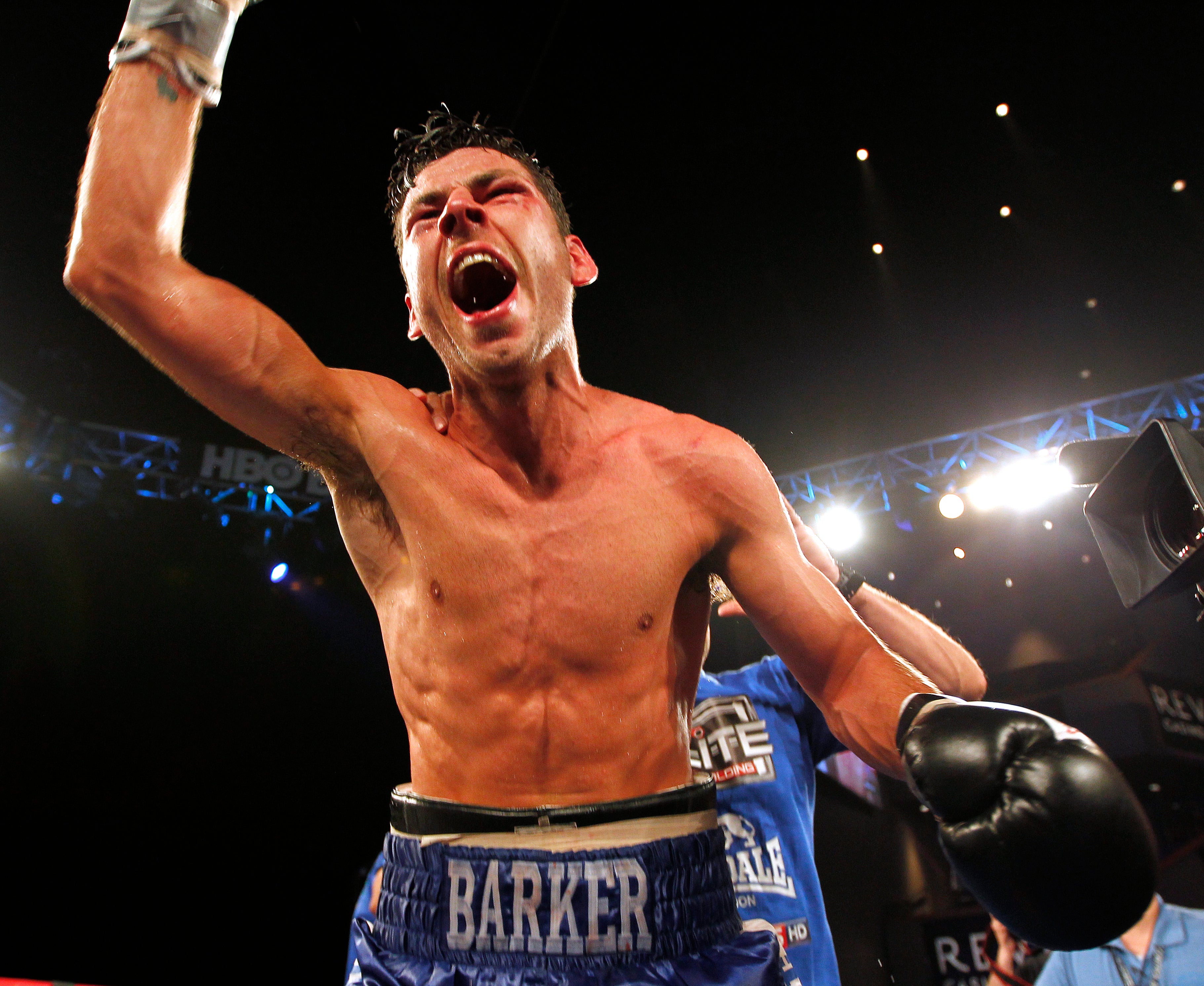 Barker in 2013, celebrating victory in a middleweight world-title fight in New Jersey