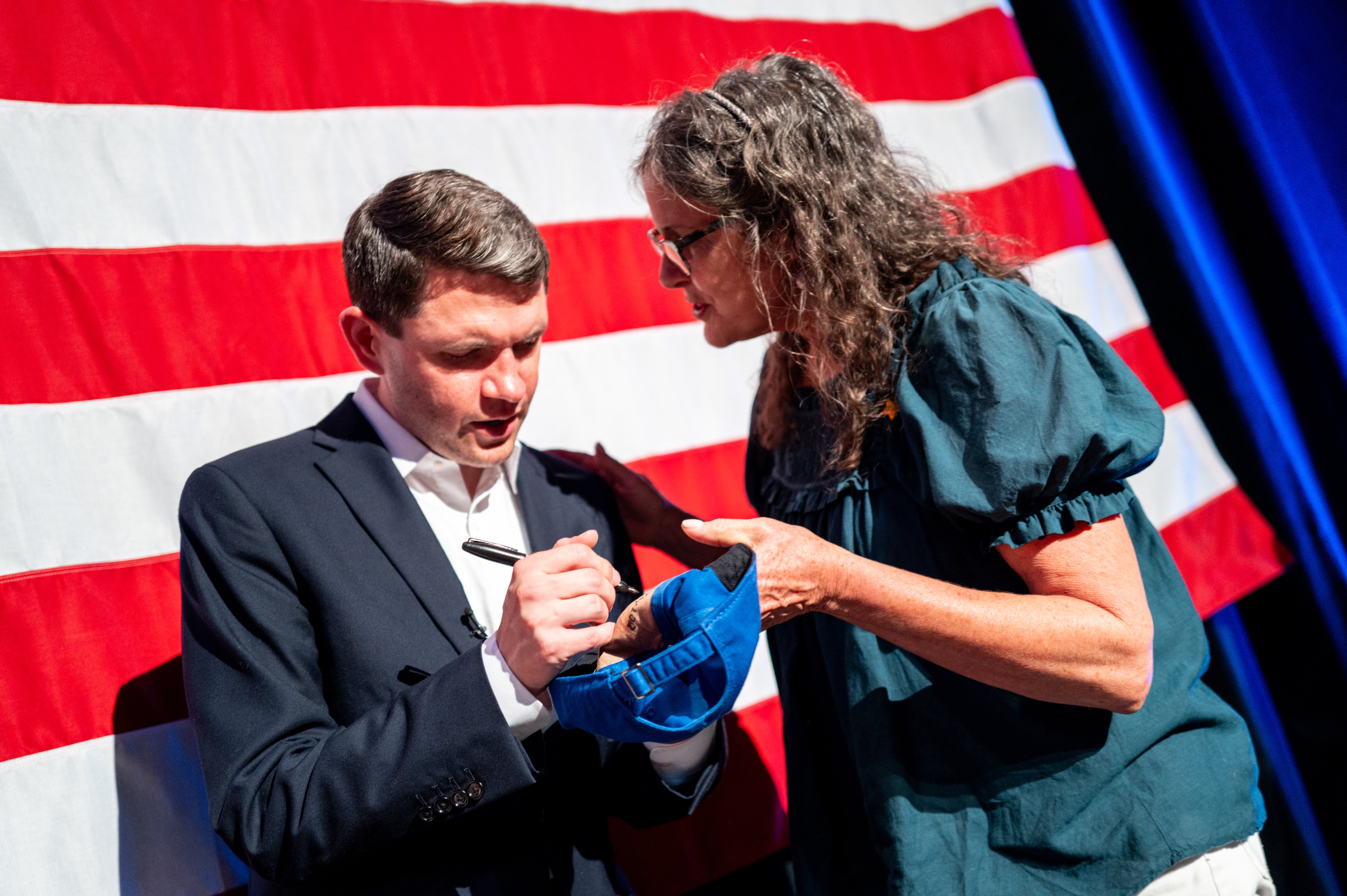 Senate candidate James Talarico greets supporters during the conclusion of a campaign rally at the Cailloux Theater on August 31