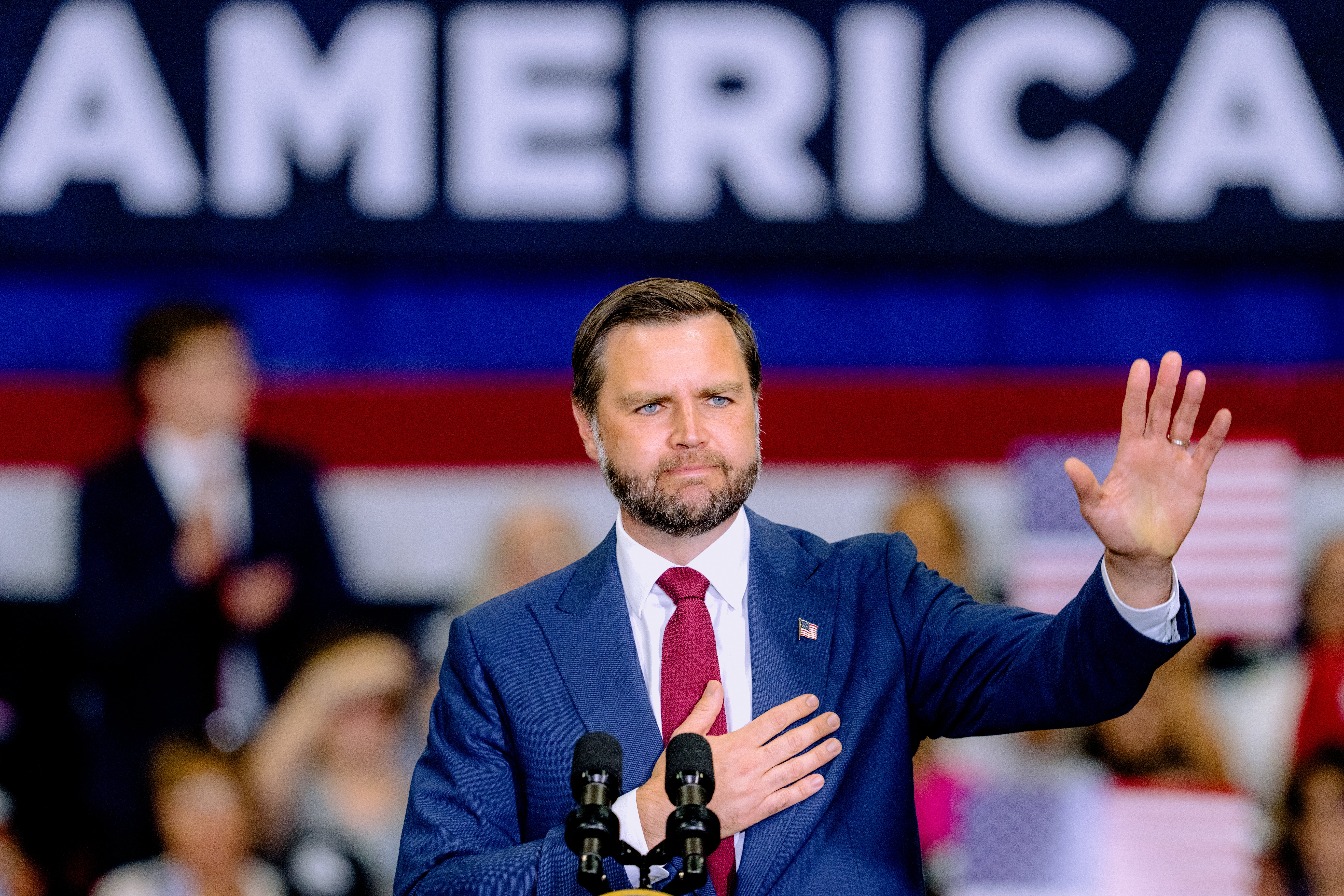 Vice President JD Vance speaks during a rally at Universal Contracting and Urban Tree Trimming on August 31, 2026 in Sterling Heights