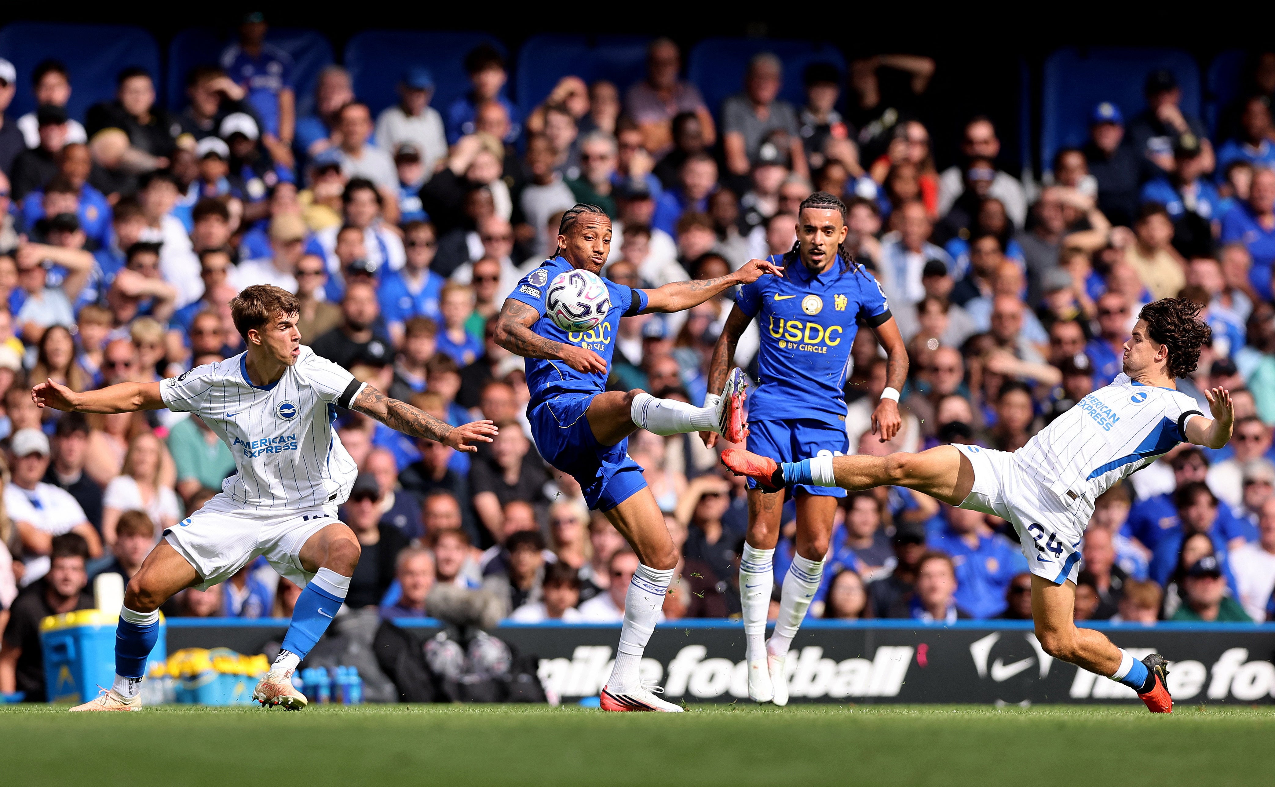 Chelsea's Joao Pedro and Malo Gusto in action with Brighton & Hove Albion's Ferdi Kadioglu