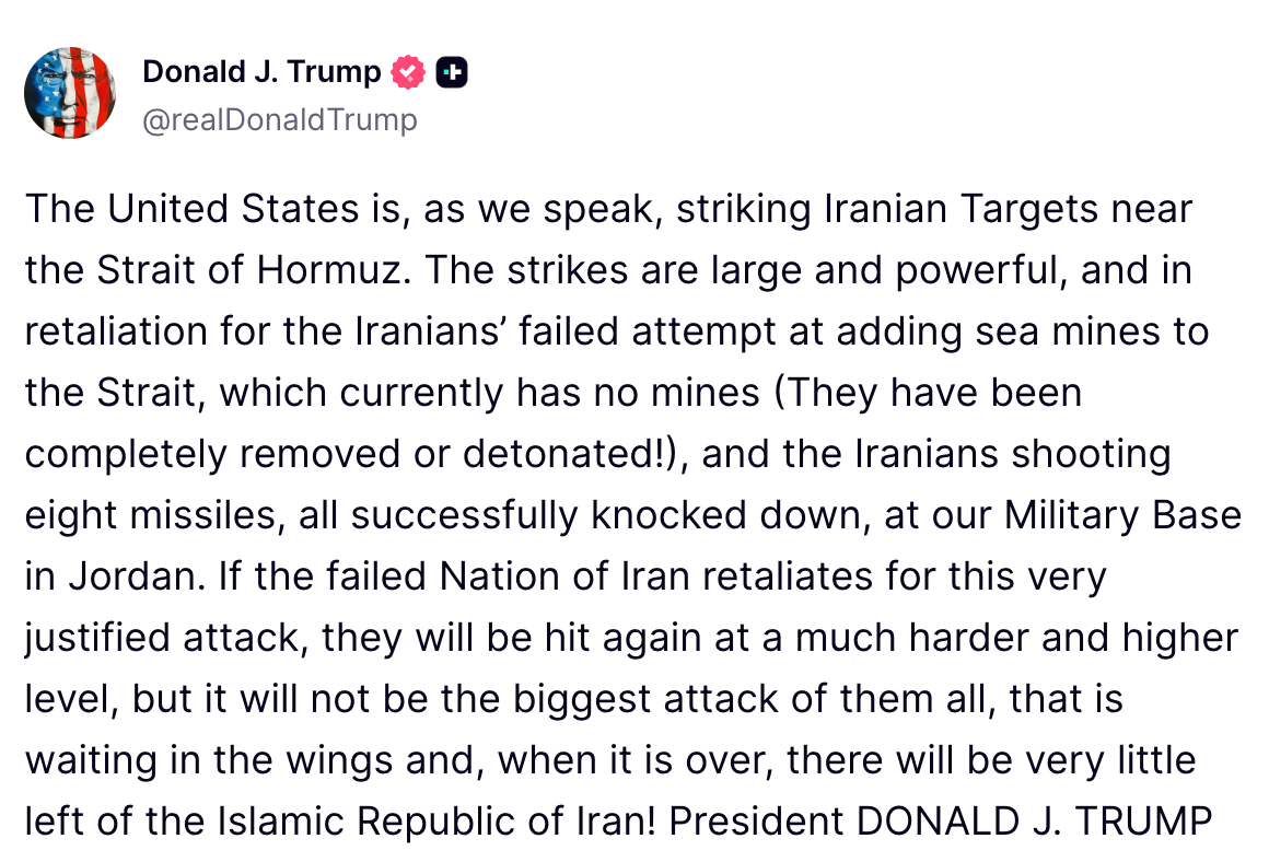 Trump warns Iran against retaliating to attacks (Truth Social)