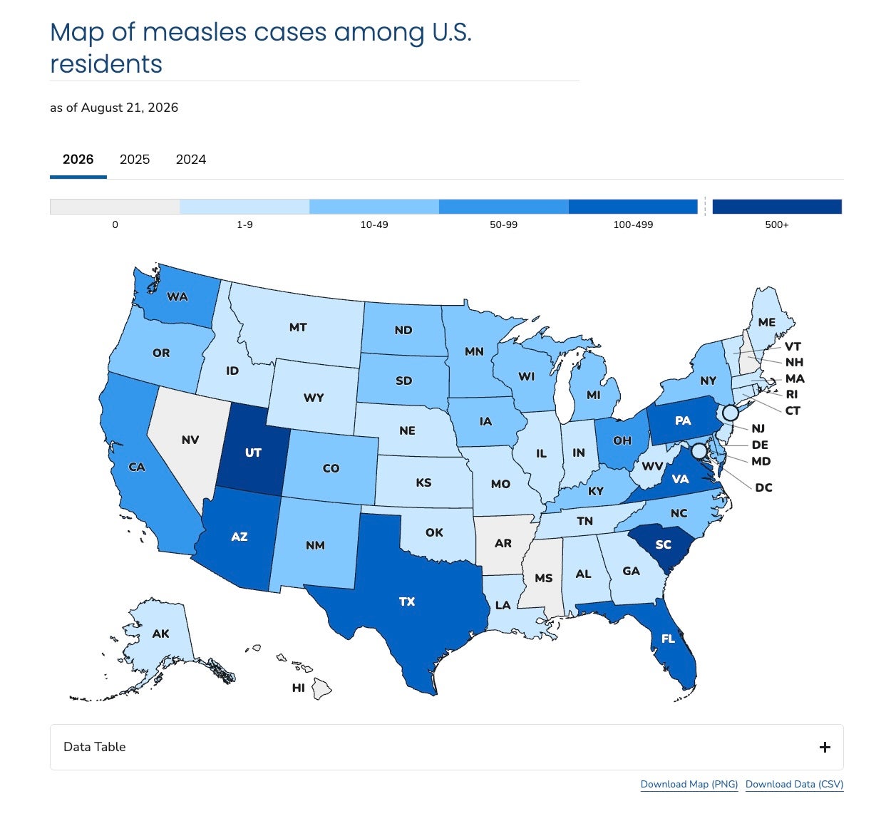 This Centers for Disease Control and Prevention map shows measles cases in the U.S. The darkest blue states, including Pennsylvania, have the highest case levels, with levels falling along the color gradient from blue to white