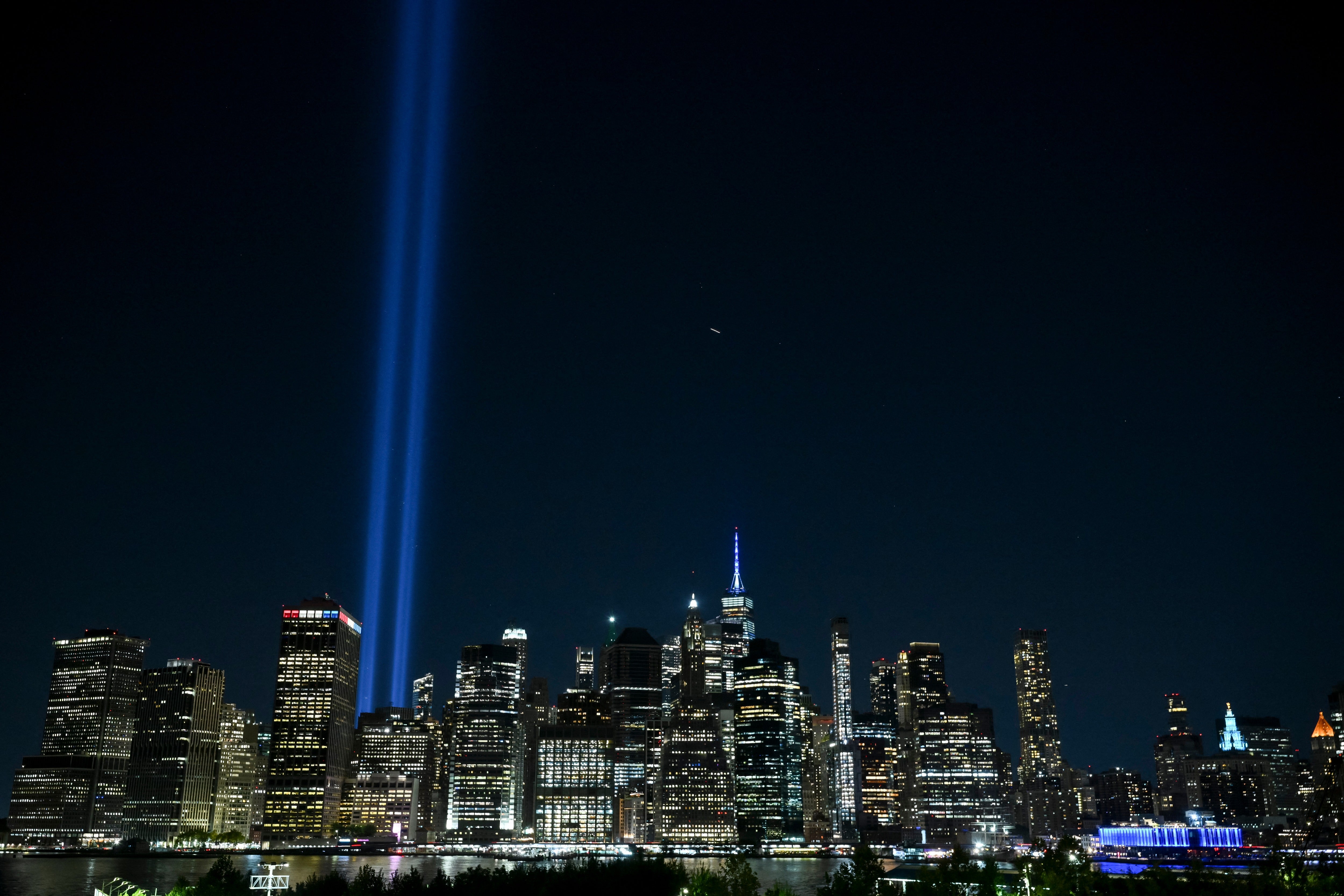 "Tribute in Light" to honor the victims of 9/11 illuminated above the skyline of Manhattan on September 11, 2025