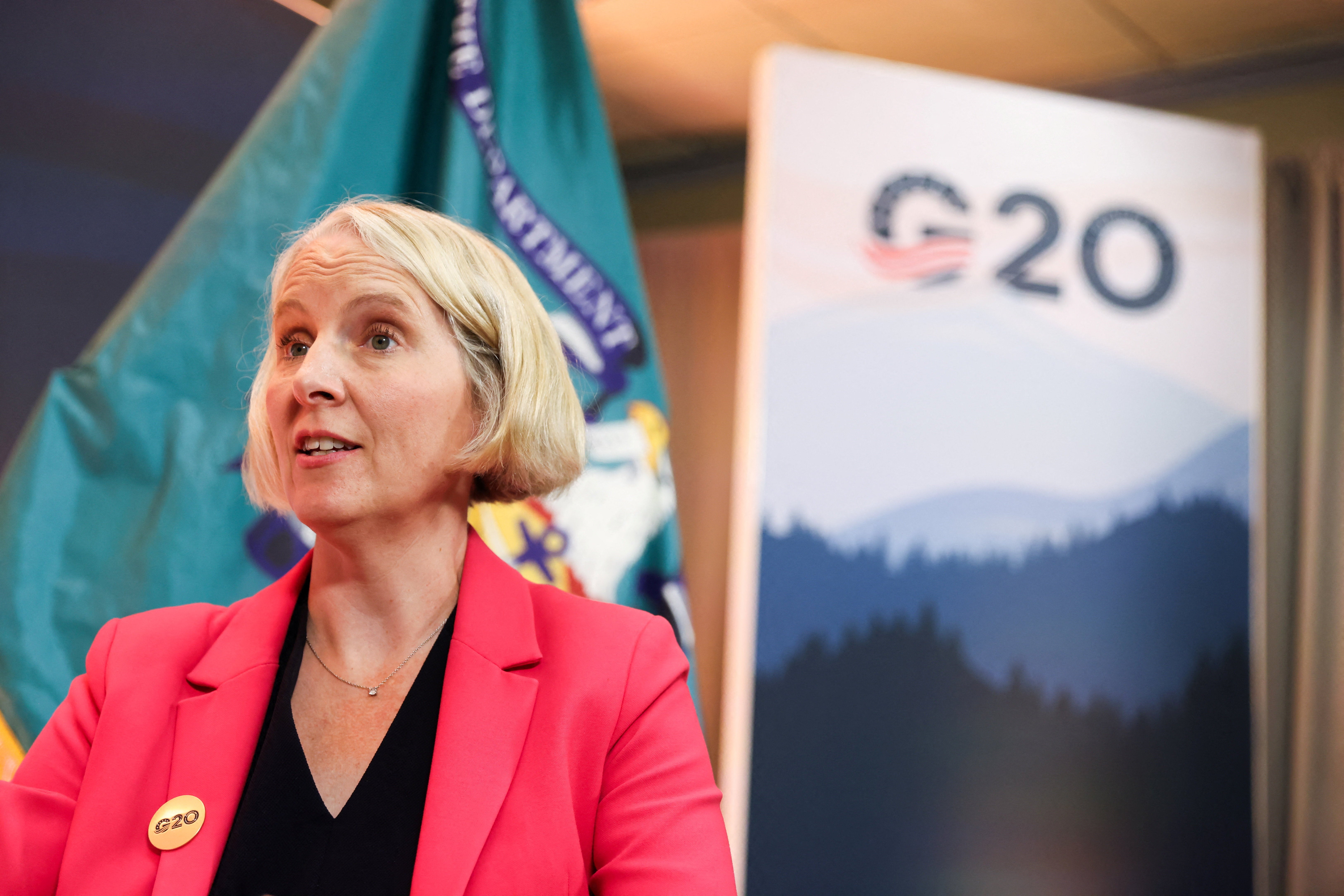 Emma Reynolds speaks as finance ministers and central bank governors from G20 countries meet in Asheville, North Carolina