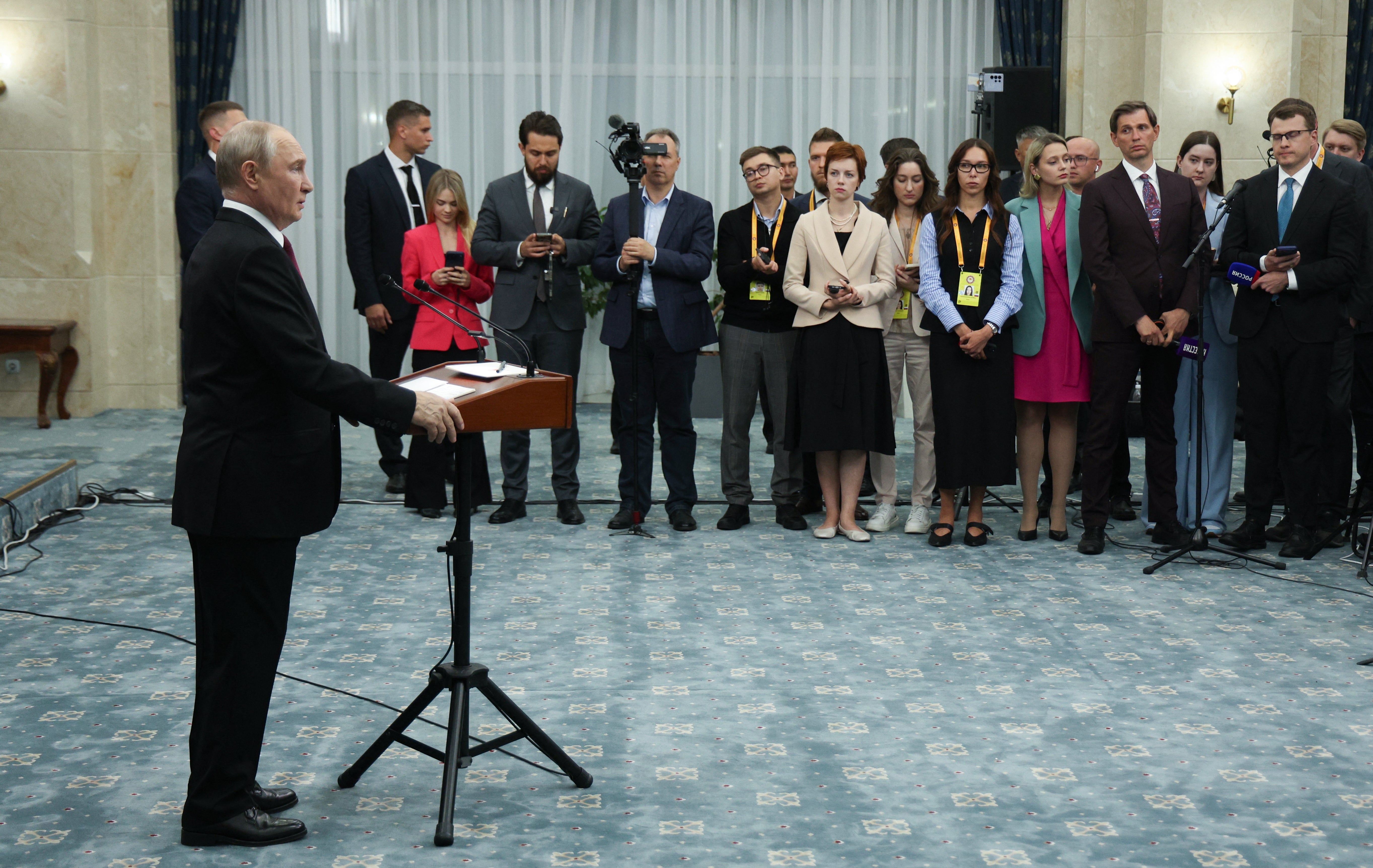 Russia's president Vladimir Putin meets with the media after the Shanghai Cooperation Organisation (SCO) summit in Bishkek
