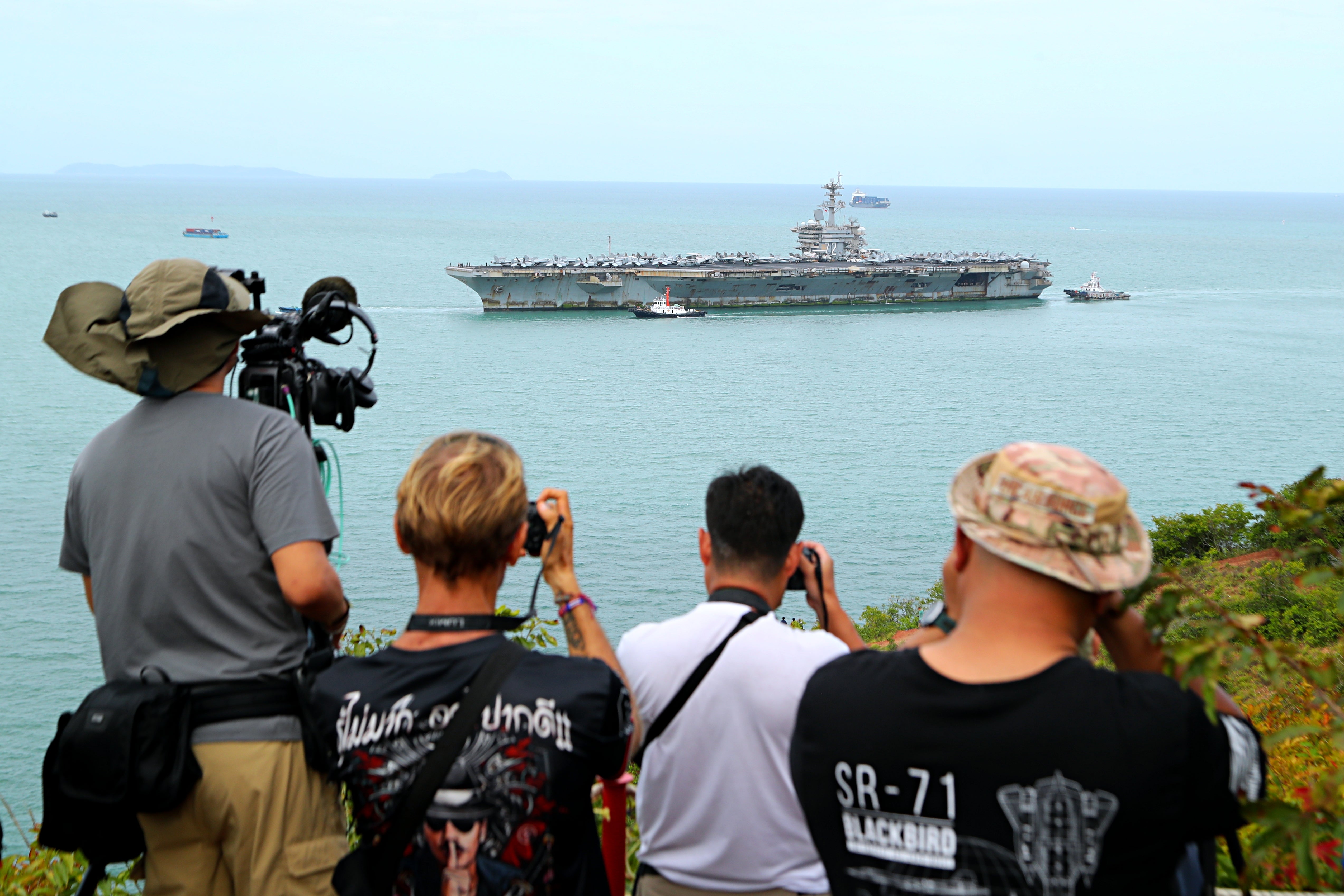 The USS Abraham Lincoln (CVN-72) aircraft carrier arrives at Laem Chabang Port on September 02, 2026 in Si Racha, Thailand