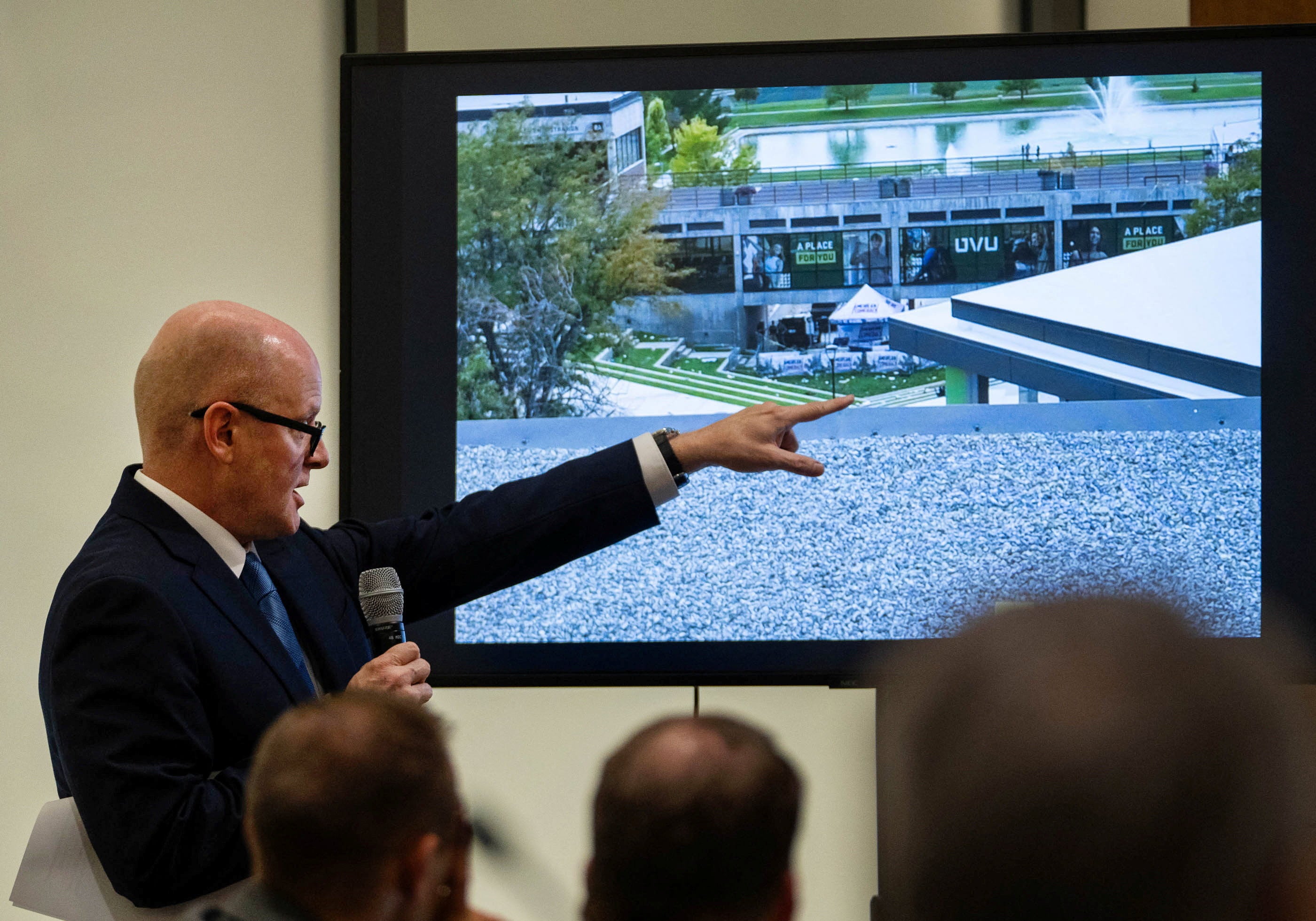 Chief Deputy Utah County Attorney Chad Grunander references the 'shooter’s perch' during closing arguments in the preliminary hearing for Tyler Robinson, the man accused of fatally shooting Charlie Kirk, in 4th District Court in Provo, Utah, U.S., Sept. 1, 2026. Francisco Kjolseth/Pool via REUTERS