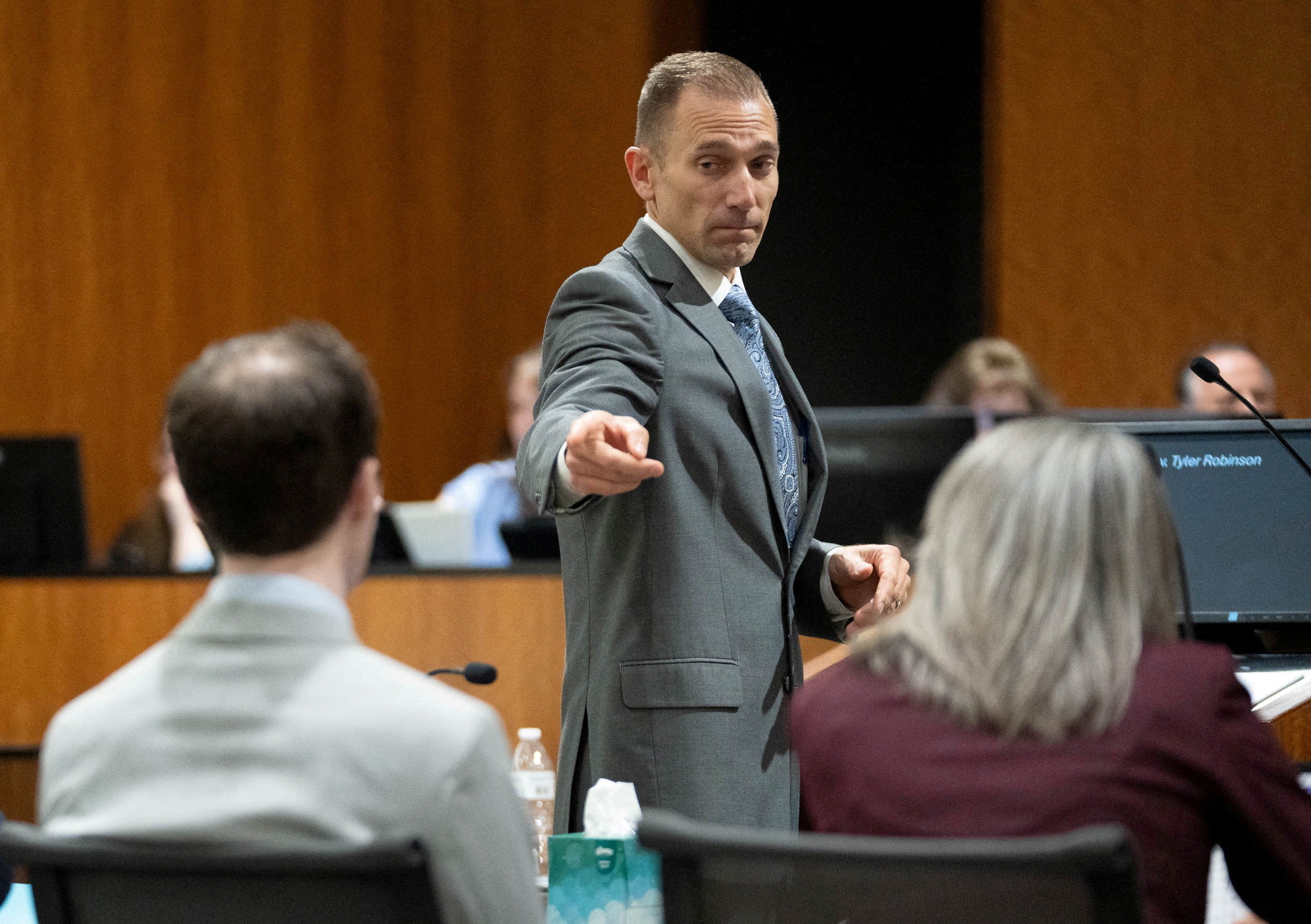 Deputy Utah County Attorney Ryan McBride points to Tyler Robinson as he begins his closing arguments in the preliminary hearing for Tyler Robinson, the Utah man accused of fatally shooting Charlie Kirk, at the 4th District Court in Provo, Utah, U.S., September 1, 2026. Francisco Kjolseth/Pool via REUTERS TPX IMAGES OF THE DAY