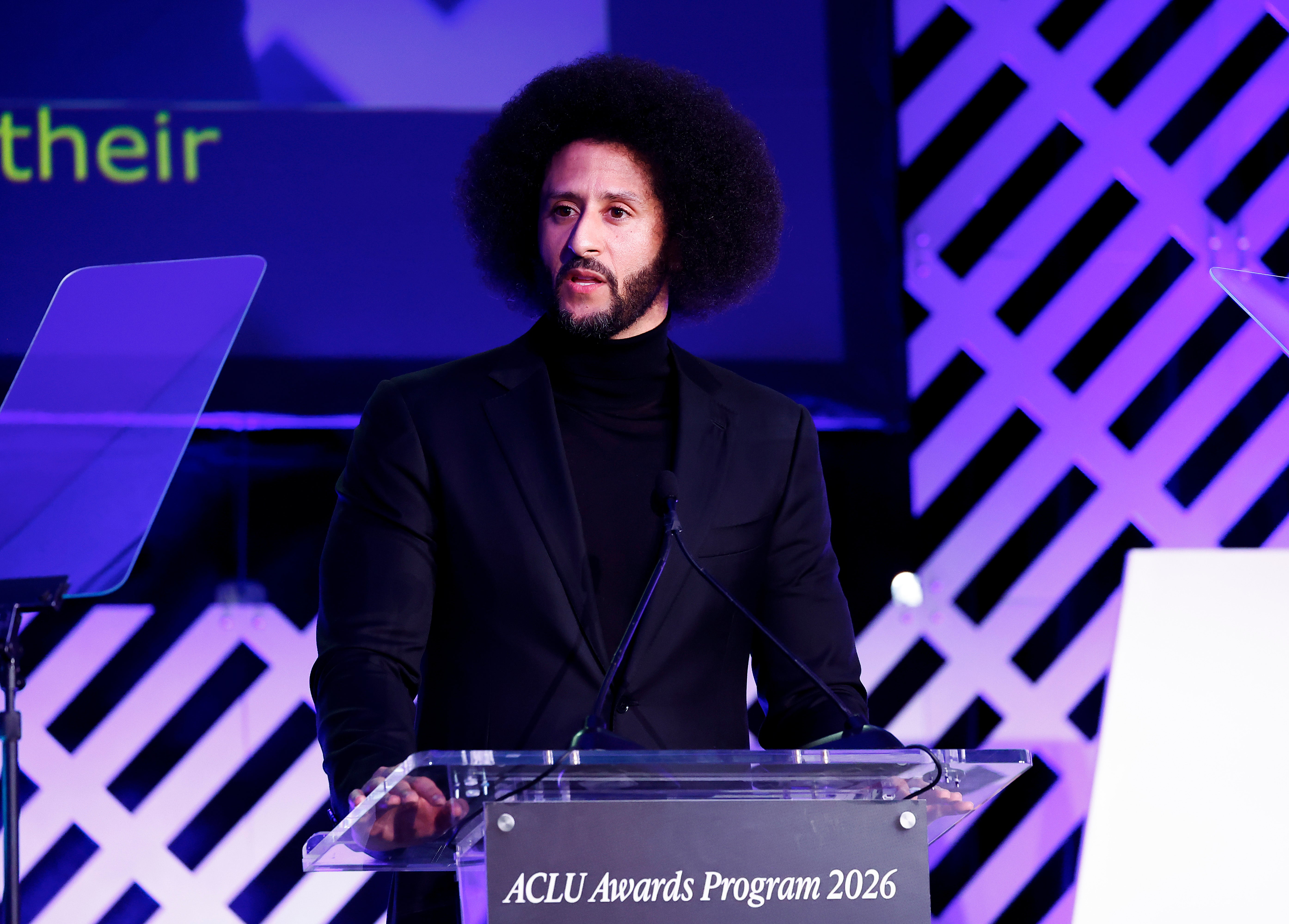 Colin Kaepernick speaks after receiving the newly-established ACLU Ralph Ellison Award for Defenders of Civil Rights and Civil Liberties in the Arts, Business, Science and Sports