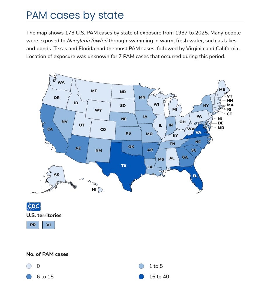 This Centers for Disease Control and Prevention map shows the states with the most infections from Naegleria fowleri between 1937-2025. Southern and Mid-Atlantic states have reported the most cases, indicated by their dark blue shading. The states with the fewest cases are in gradually lighter blues