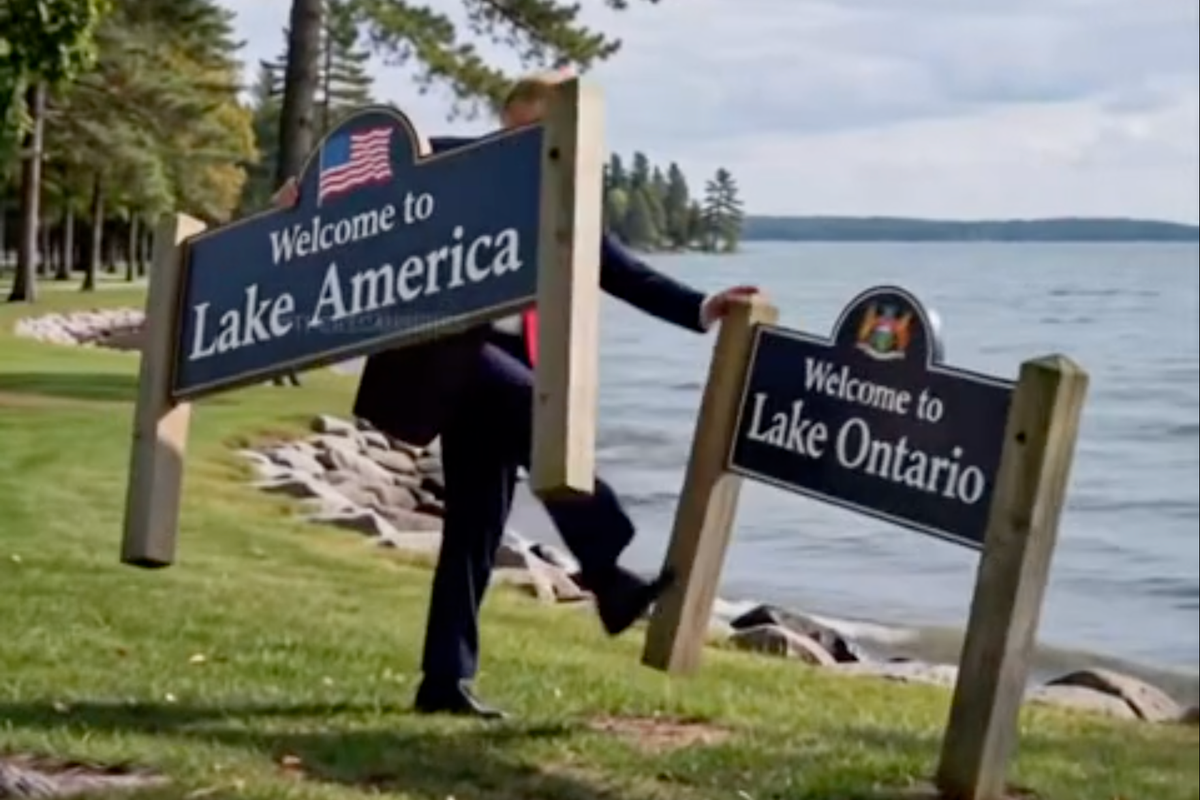 Trump reposts AI clip kicking over Lake Ontario sign after Carney demands the Americans ‘stop doing memes’
