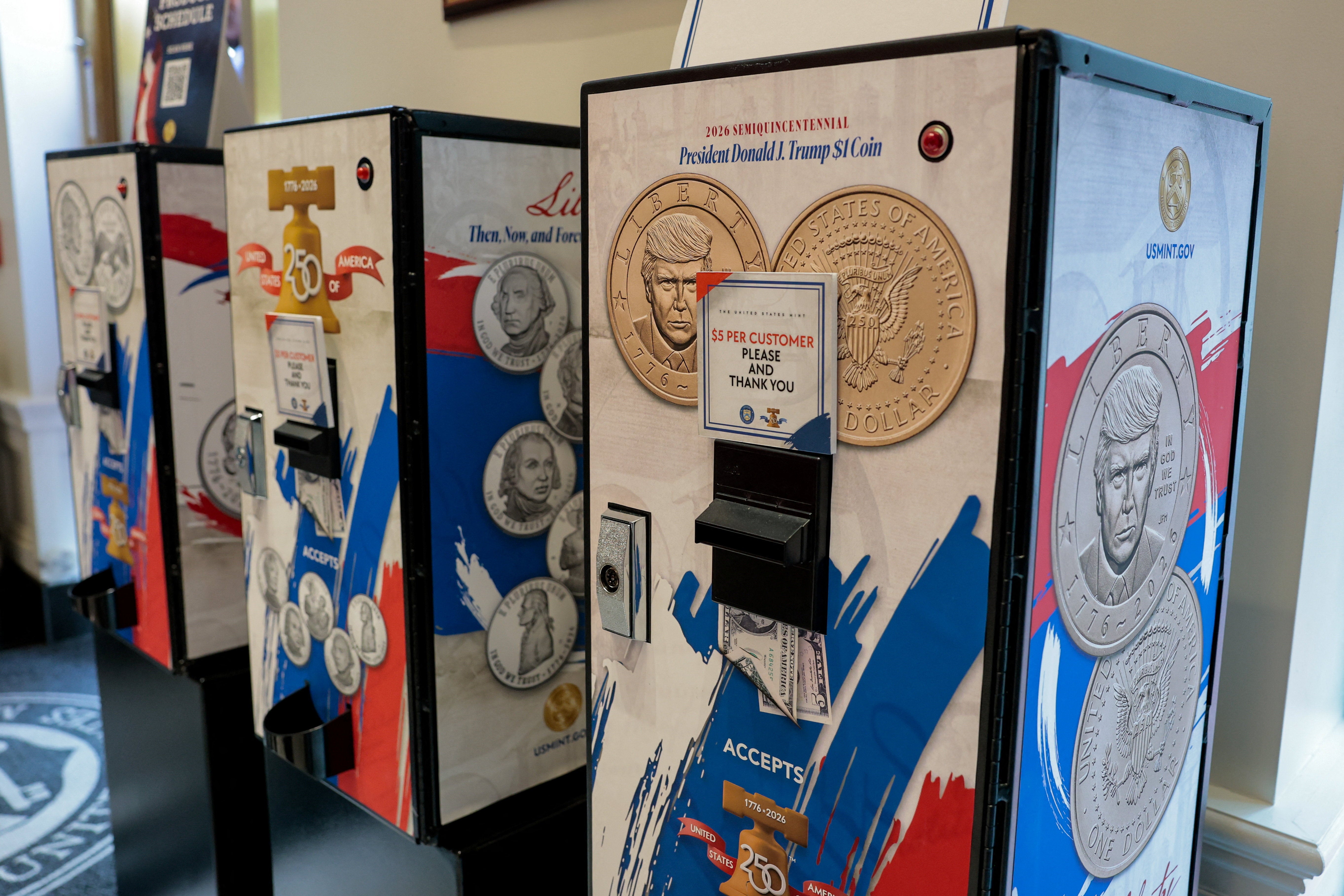 The coins, available in vending machines at the US Mint, break from decades of democratic norms against putting living presidents on currency