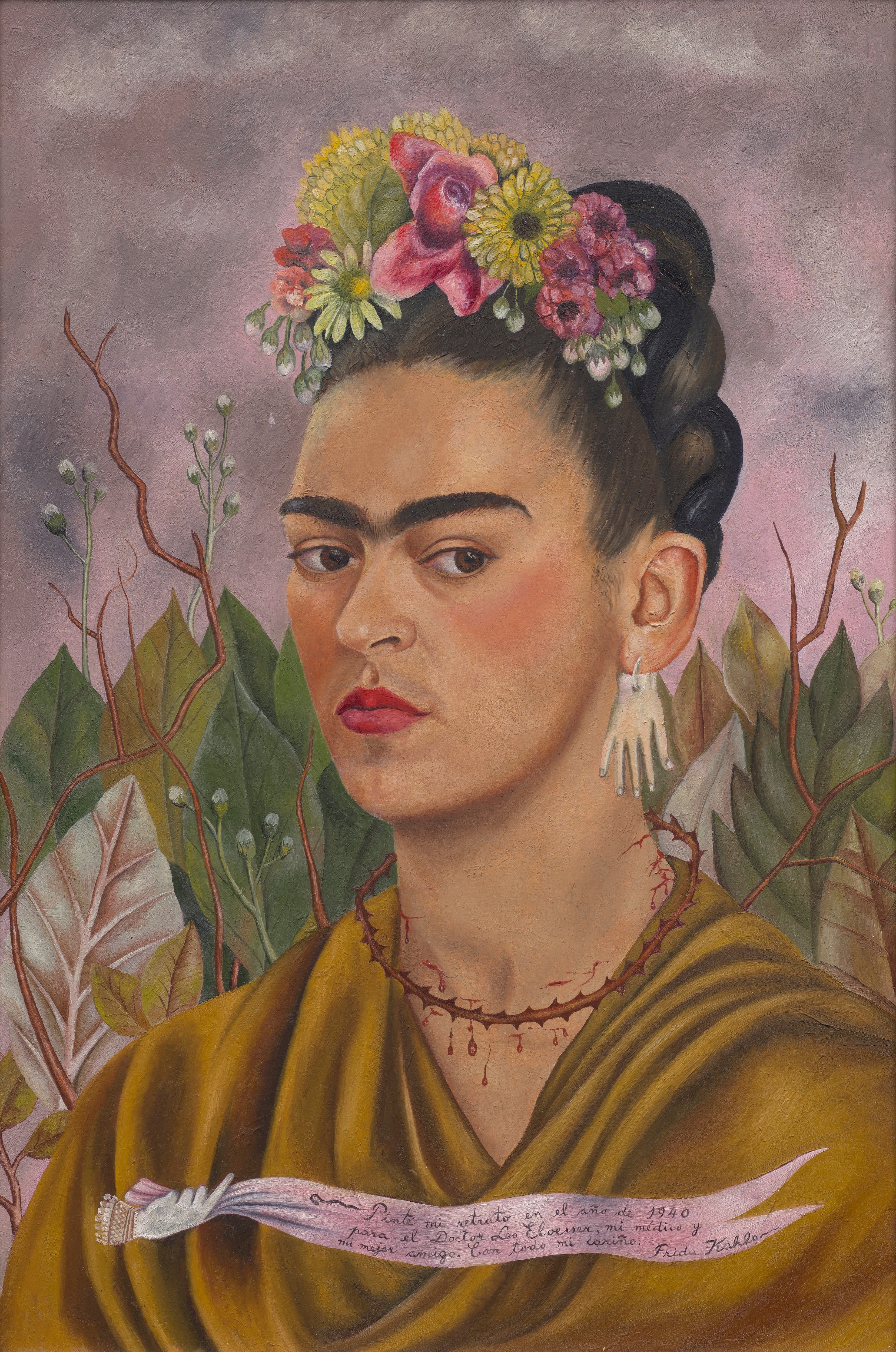Frida Kahlo's 1940 work 'Self-Portrait Dedicated to Dr. Eloesser' stares across at Christian Bale’s Batman suit at George Lucas' museum