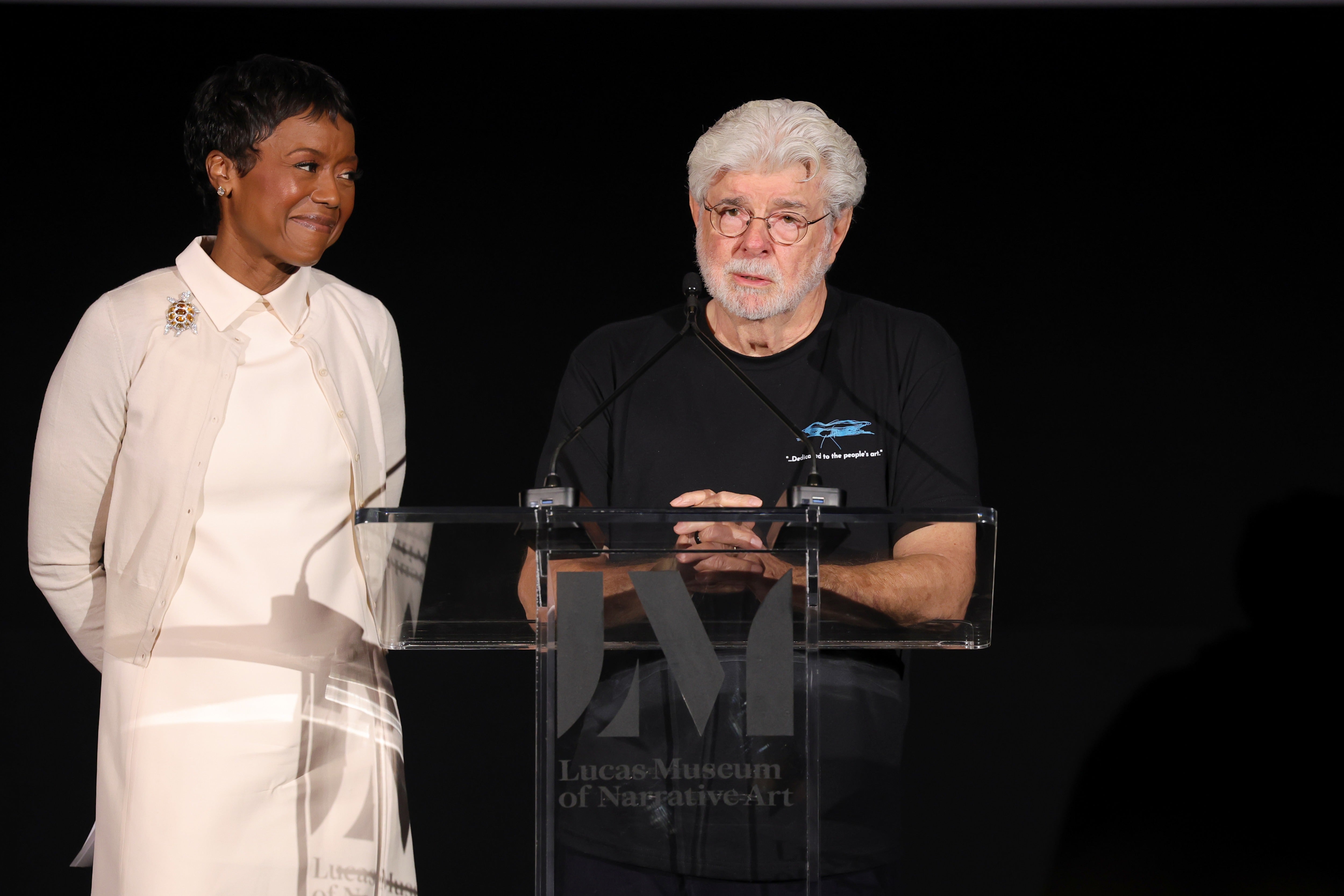 George Lucas and his wife Mellody Hobson speaking at a press preview of the Lucas Museum of Narrative Art