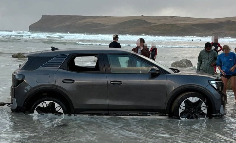 The vehicle, which appears to be an electric car, was spotted in Cornwall