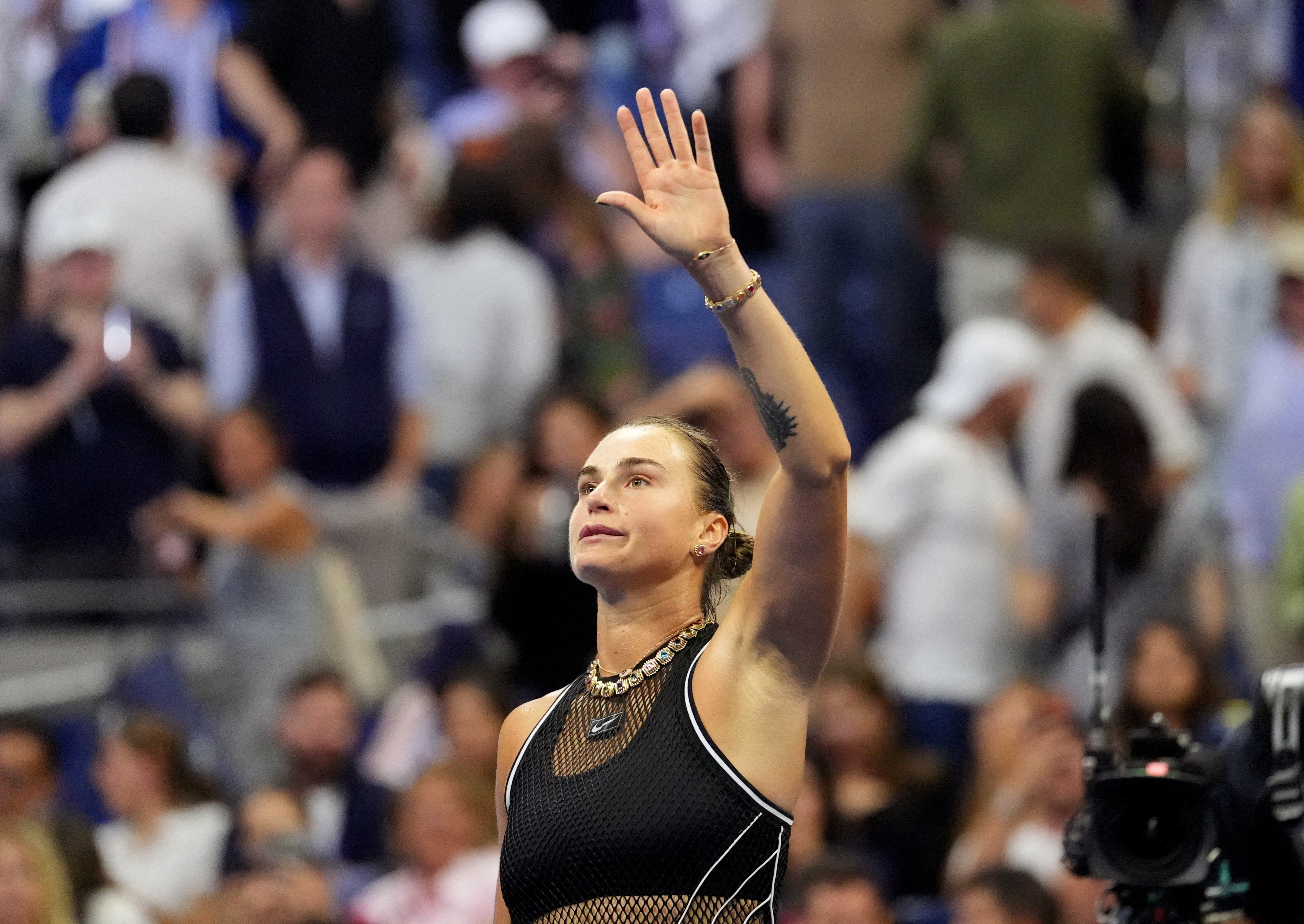 Belarus' Aryna Sabalenka celebrates after winning her second round match against Polina Iatcenko
