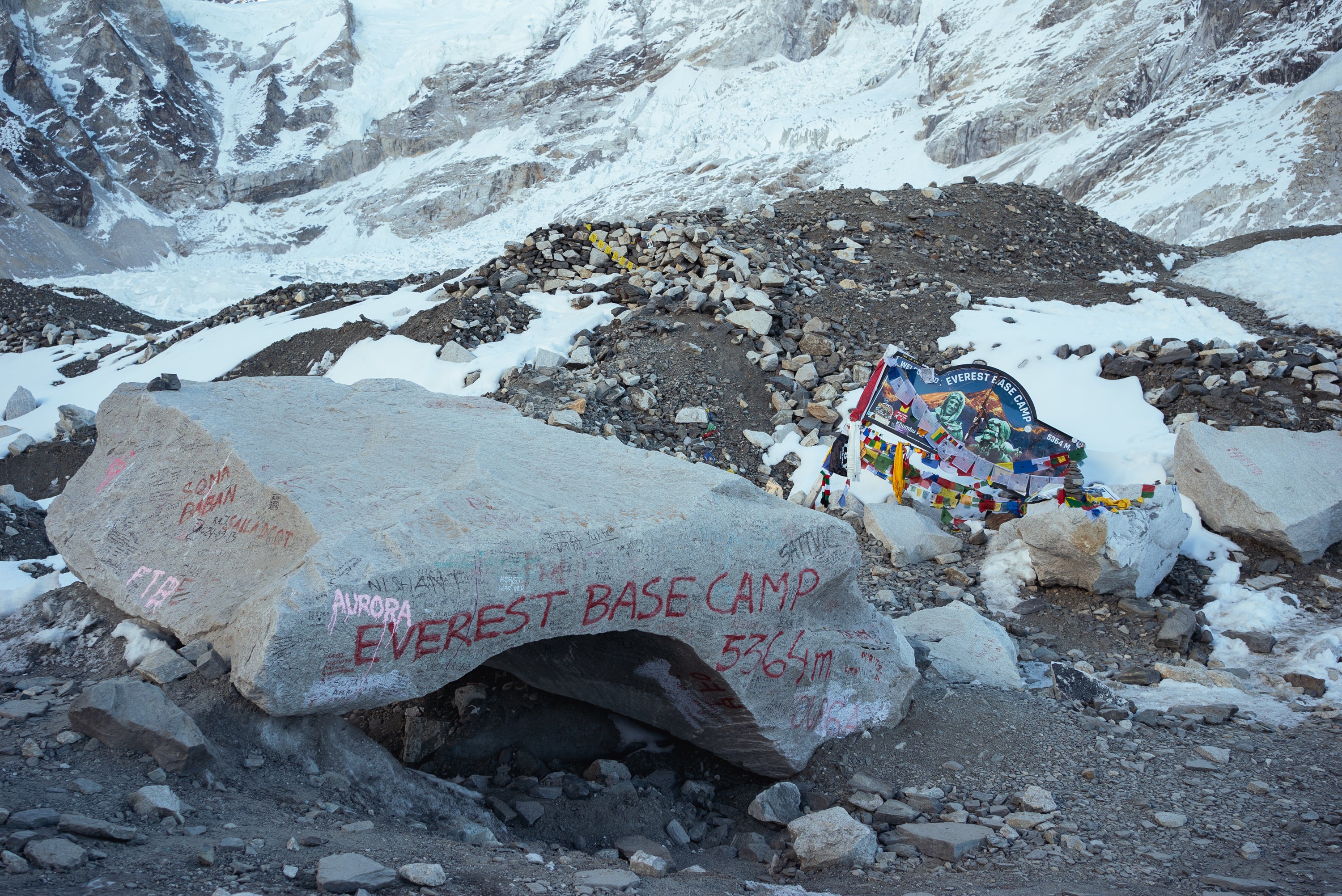Stone and toppled signage marks the start of the Everest Base Camp (Getty)
