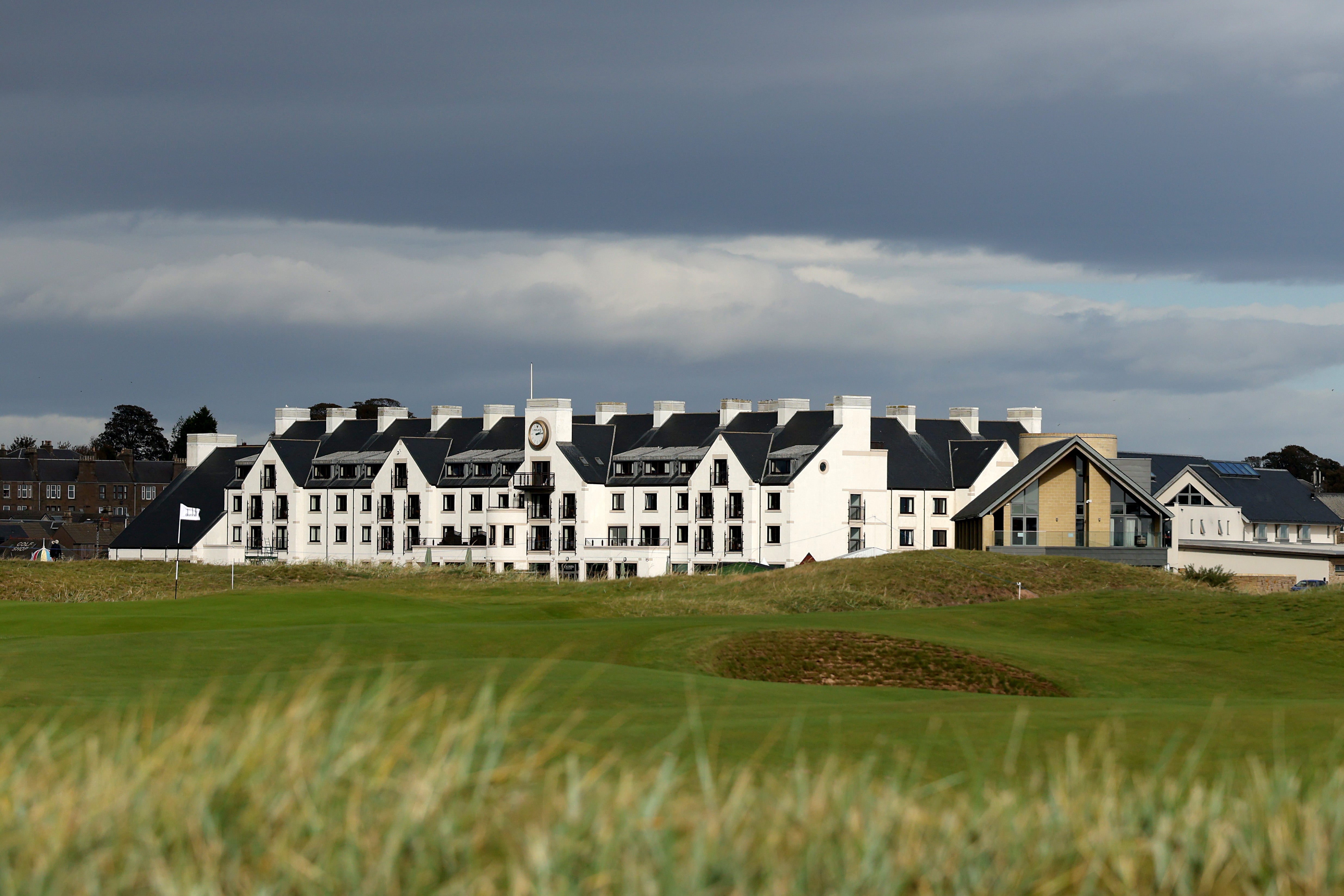 A general view across the course of the clubhouse during the Final Round on day four of the Alfred Dunhill Links Championship 2025 at Carnoustie Golf Links on October 05, 2025 in Carnoustie, Scotland. (Photo by Luke Walker/Getty Images)