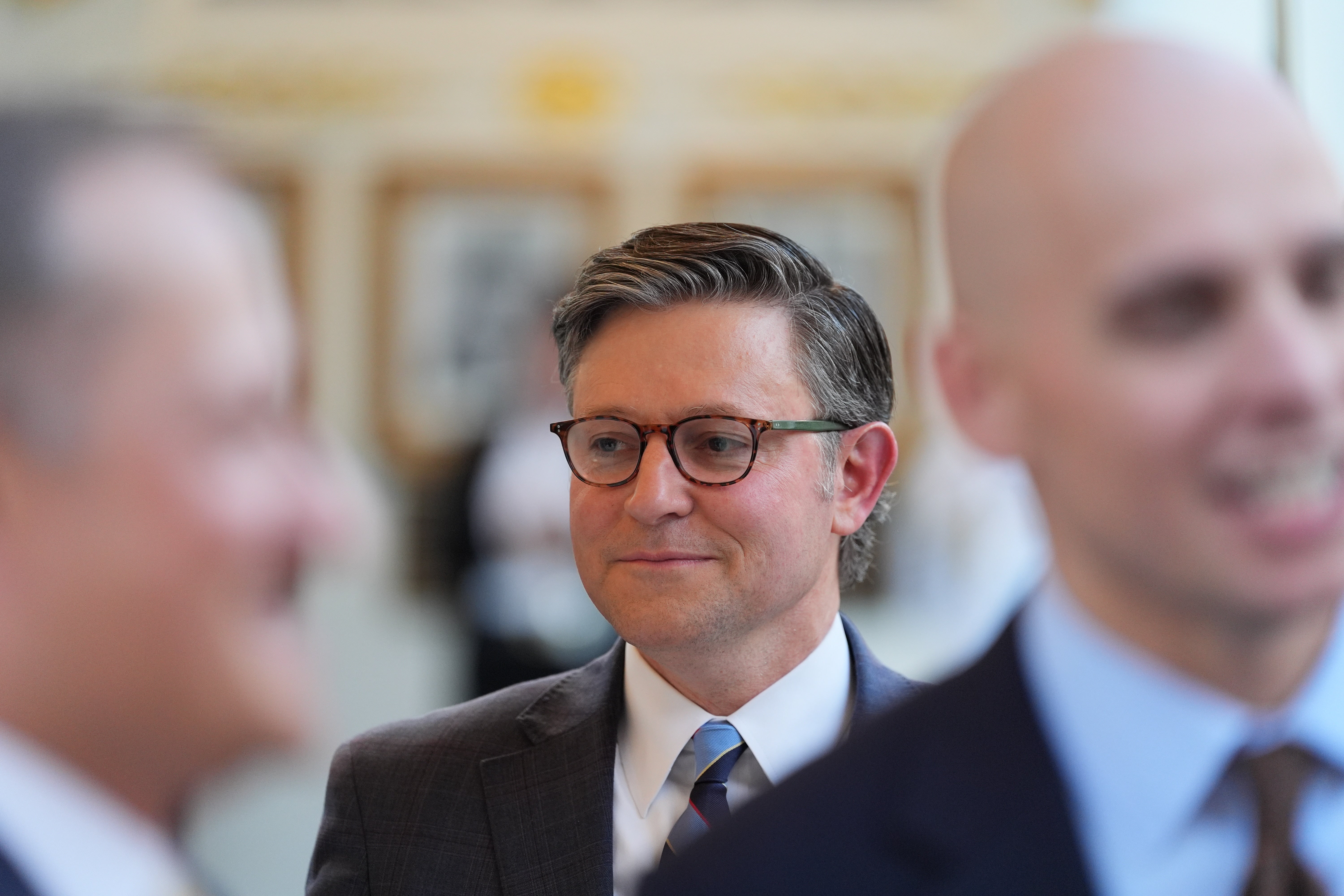 Speaker of the House Mike Johnson, R-La., arrives for an event with Republican lawmakers in the Rose Garden of the White House