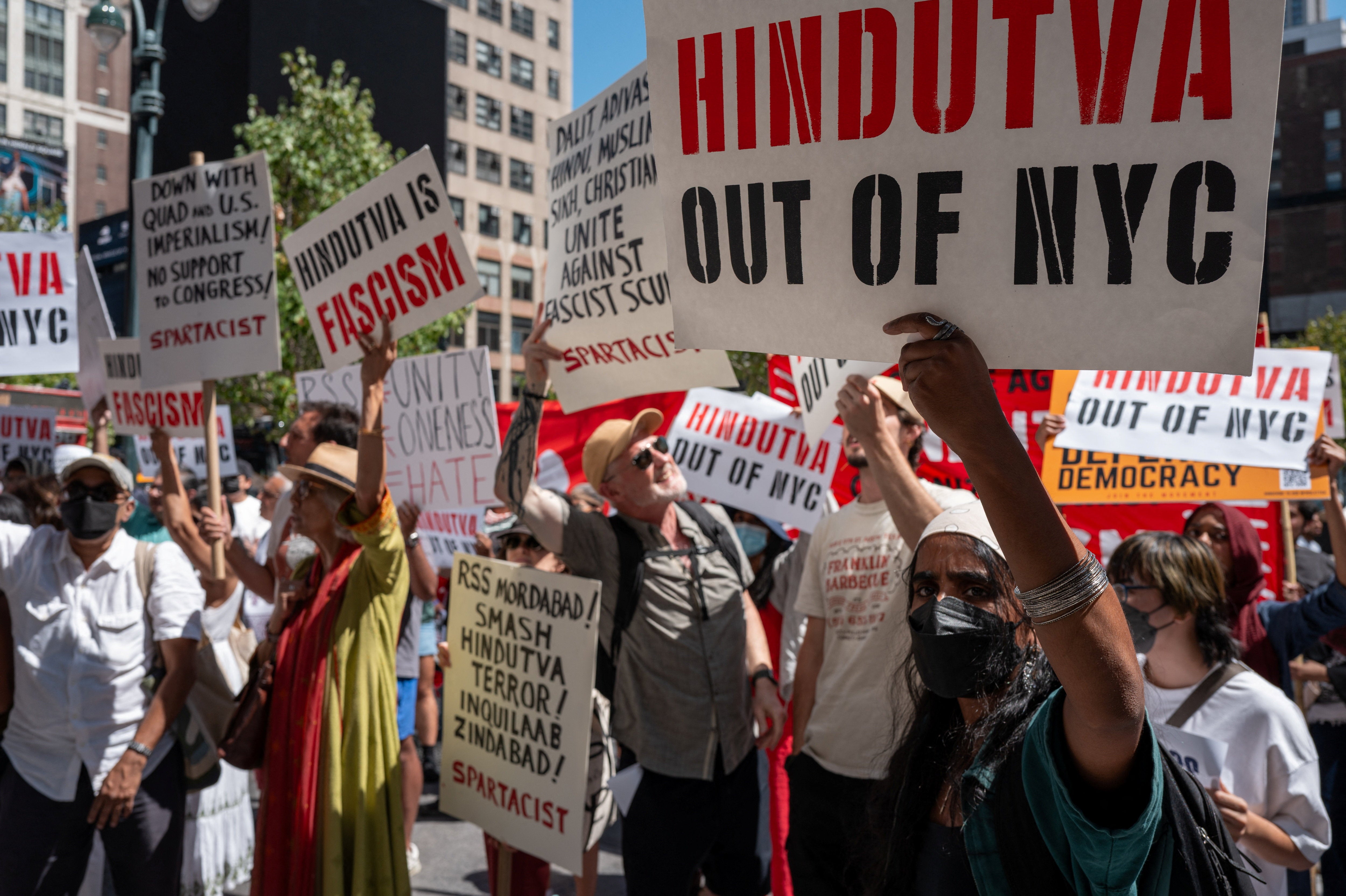 People gather for an anti-RSS protest as Mohan Bhagwat is expected to address an audience in New York City (Reuters)