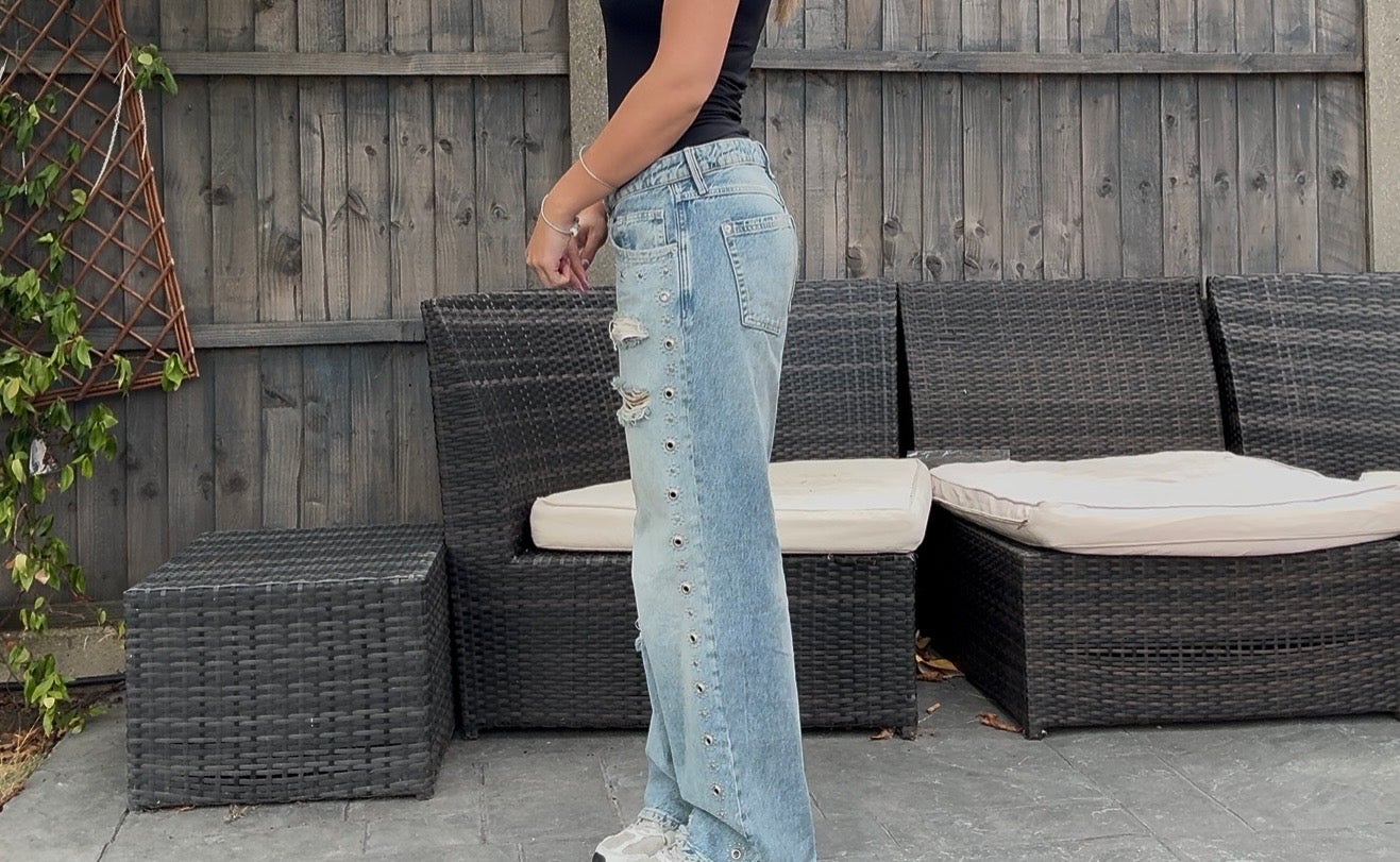The stud detailing makes these jeans a stand out piece (Isabella Howells/The Independent)