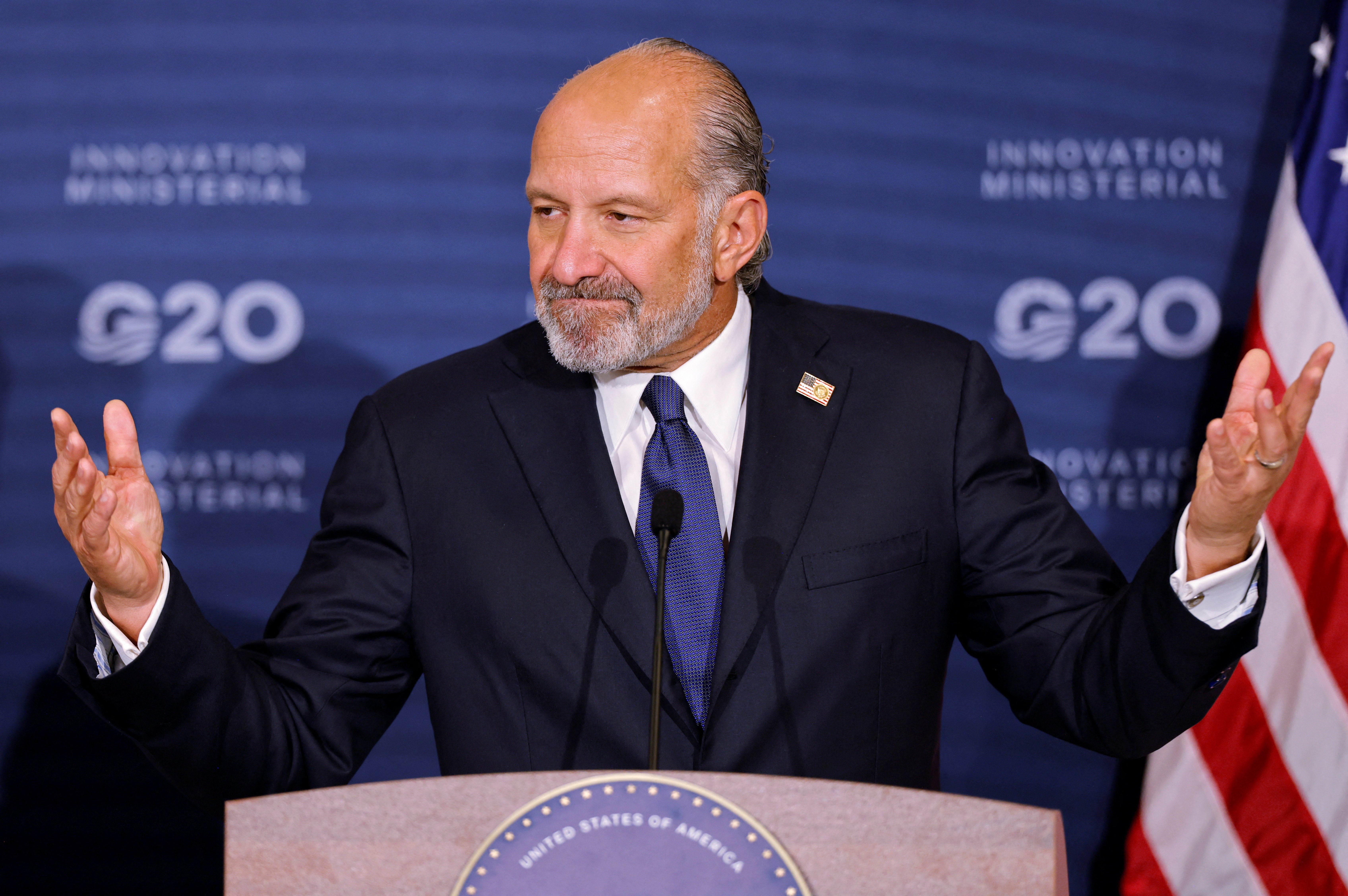 U.S. Secretary of Commerce Howard Lutnick gestures during a press conference at the G20 Innovation Ministerial summit, in Chapel Hill, North Carolina,