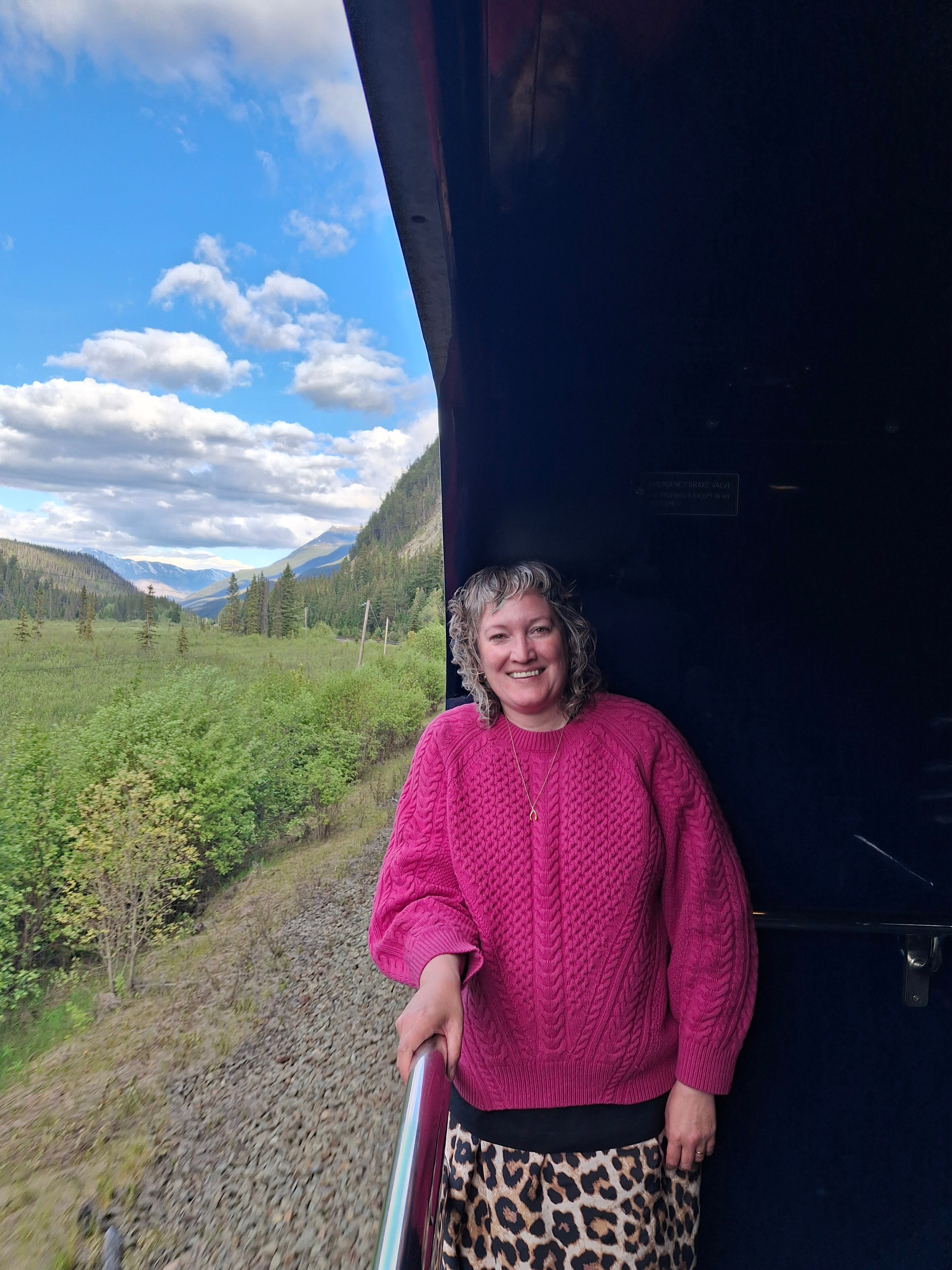 Writer Joanna Whitehead on the viewing platform of Rocky Mountaineer