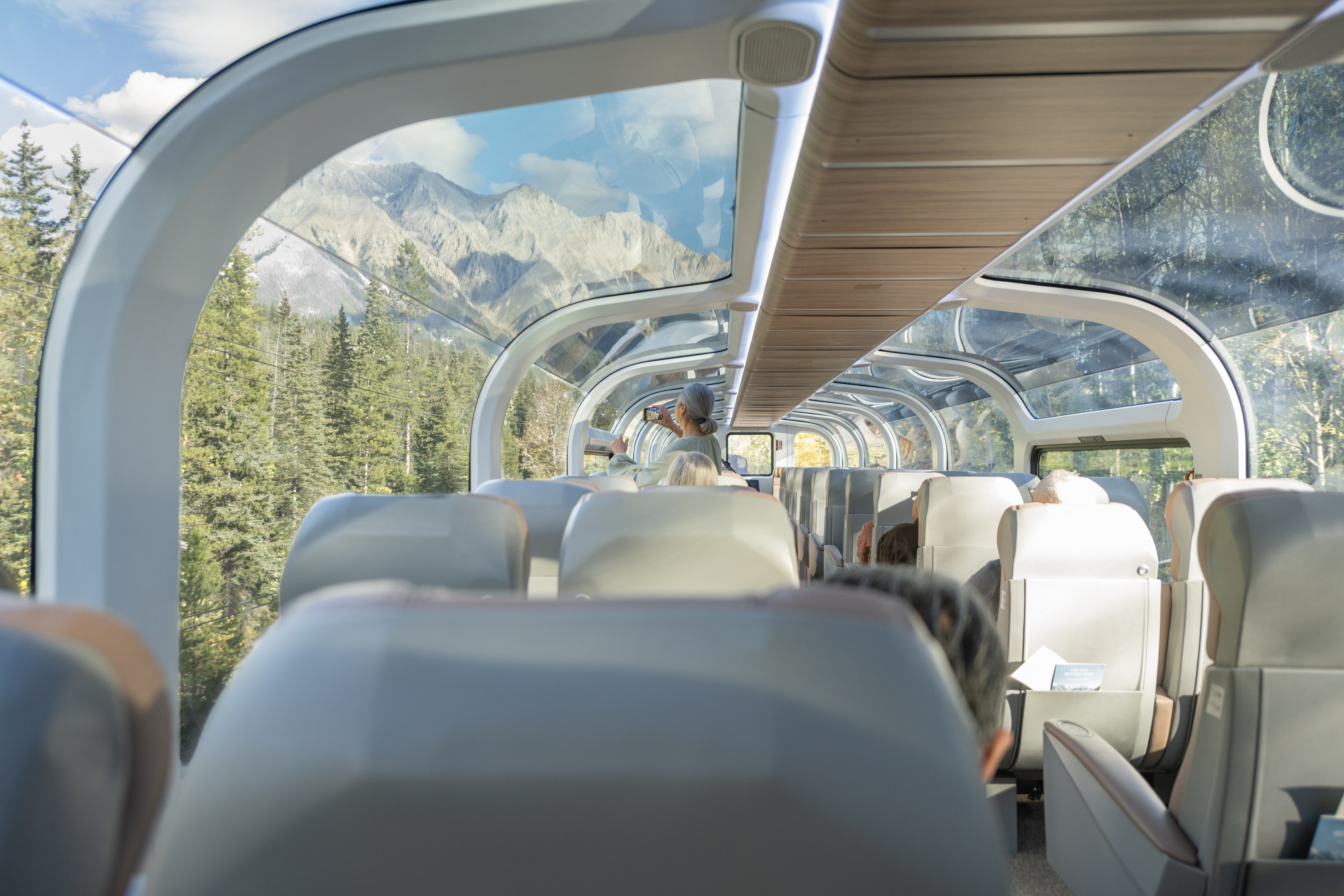 The Rocky Mountaineer Gold Leaf service carriage offers a luxurious route through the Canadian Rockies