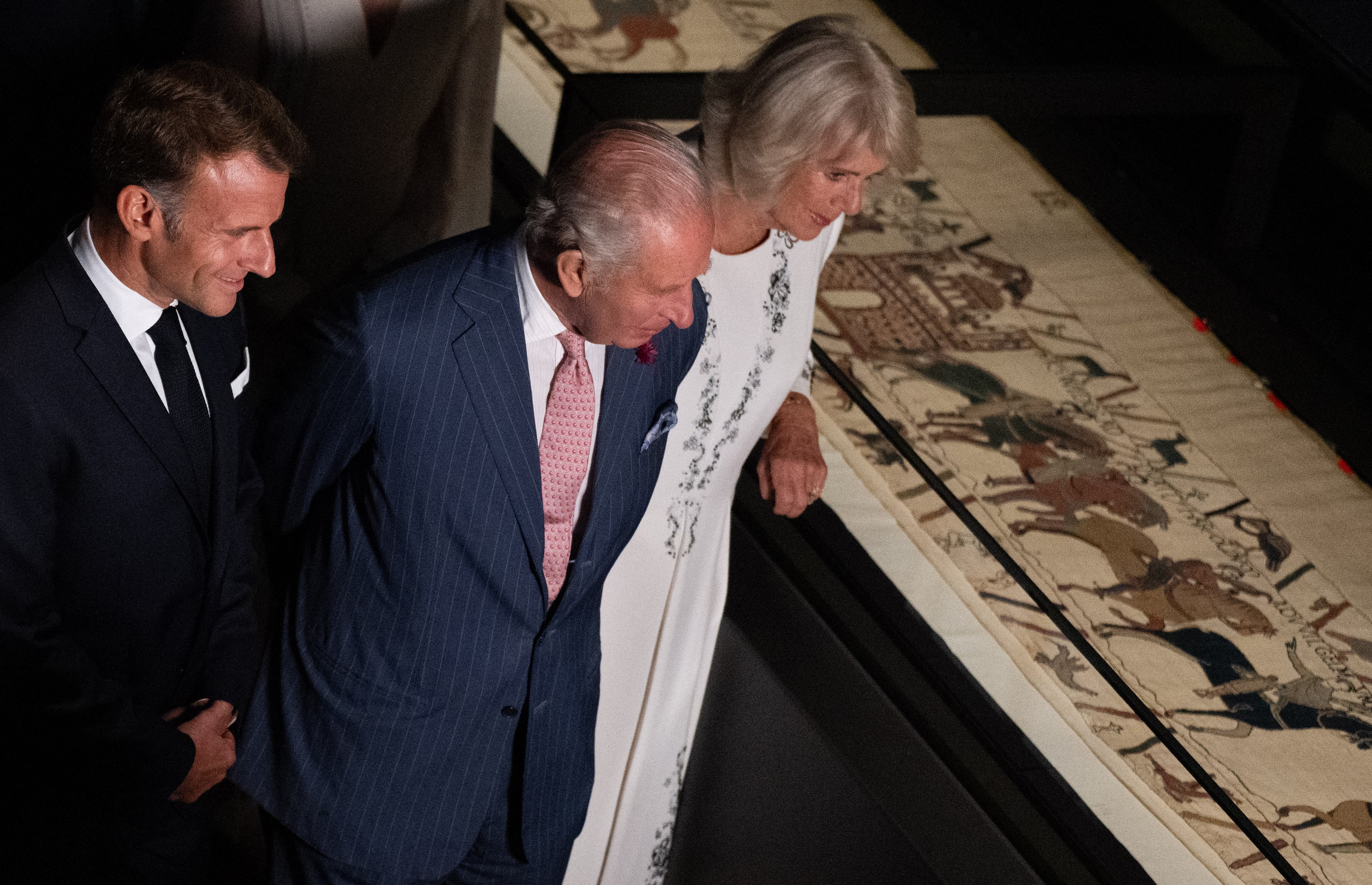 The King and Queen attended a viewing of the Bayeux Tapestry alongside Emmanuel Macron