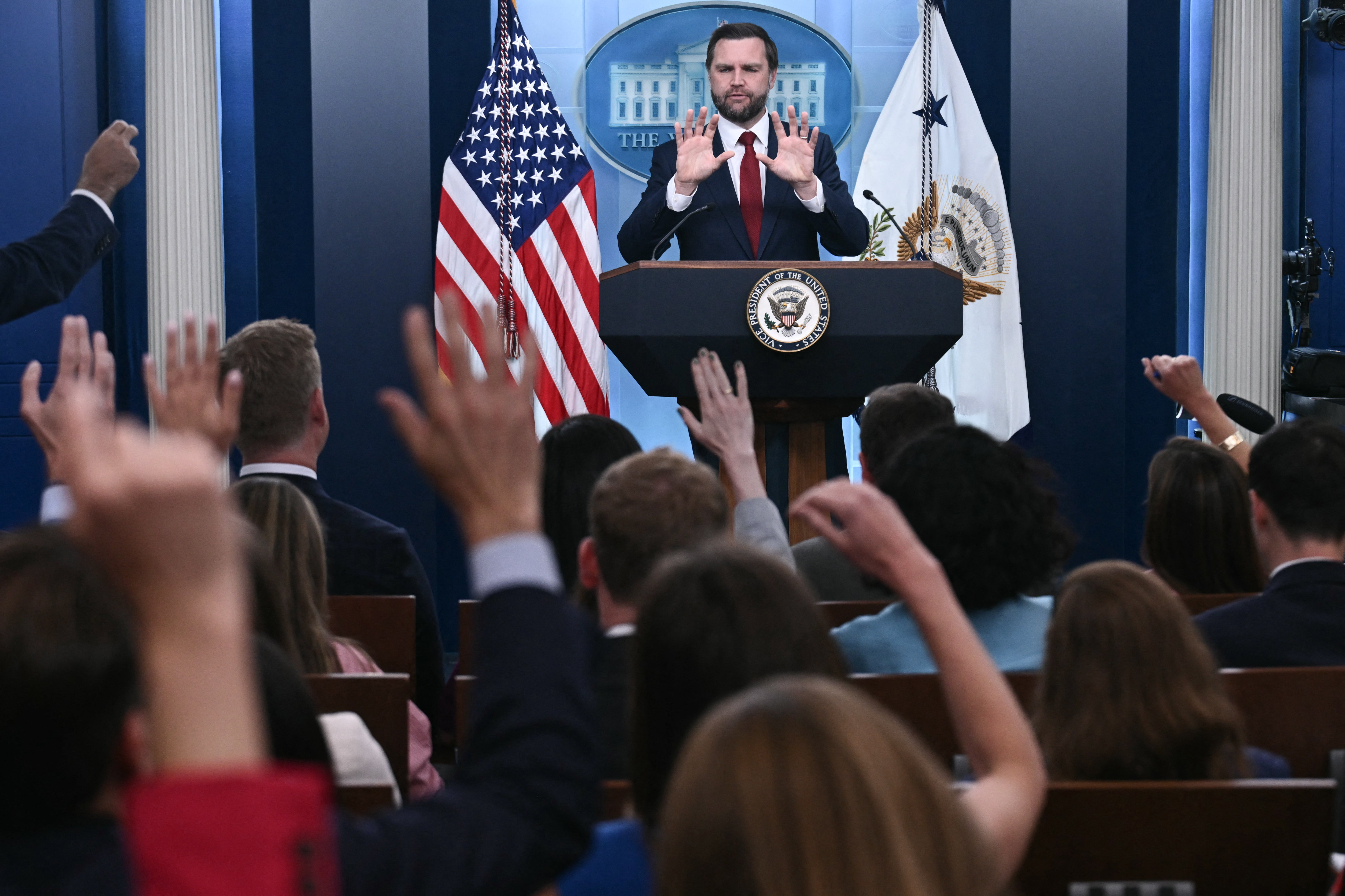 Vice President JD Vance speaks during a press briefing in the James S. Brady Press Briefing Room at the White House