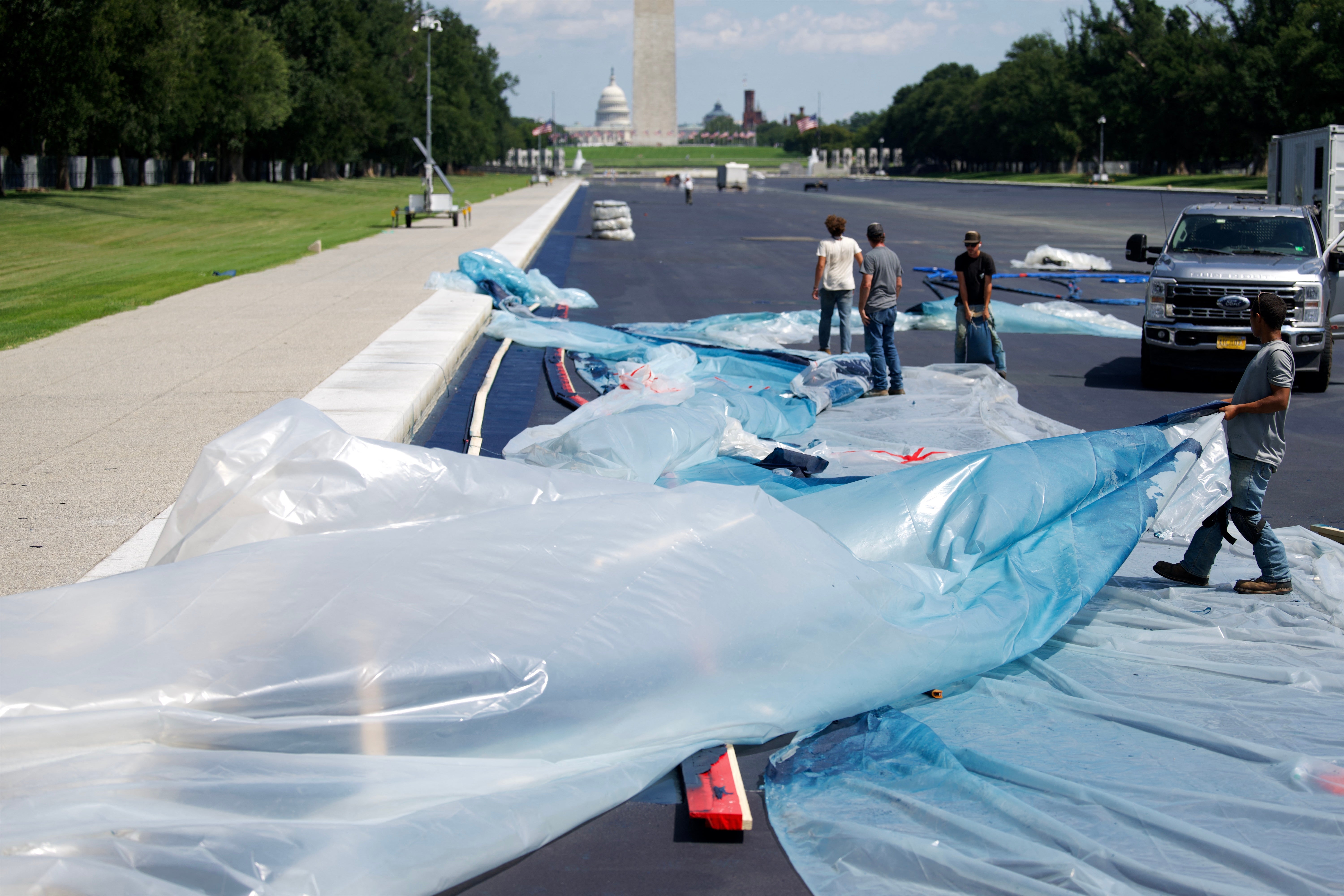 Ongoing work to the pool comes as the president pushes federal prosecutors to charge alleged ‘vandals’ for damage to the site despite his own officials admitting that much of it appears to be the work of ‘botched’ installation