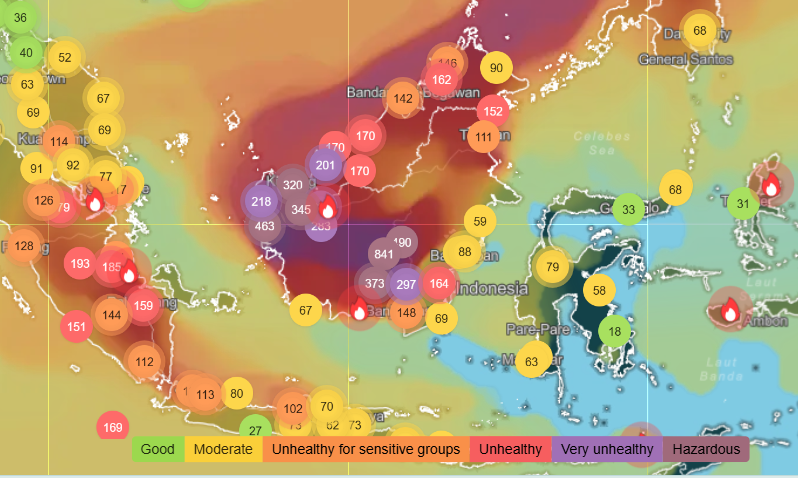 Map shows poor air quality across Indonesia and nearby countries