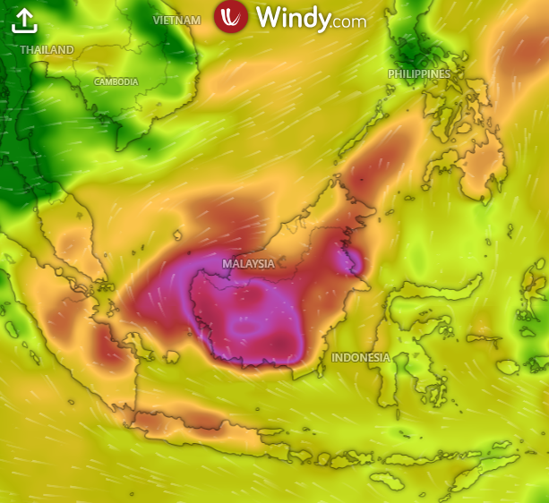 Air quality forecast shows hazardous levels (shown in purple) blanketing Malaysia and Indonesian Borneo as haze from the wildfires spreads across the region