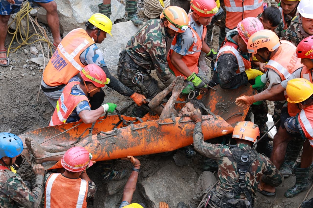Soldiers rescue a worker alive from a tunnel at the Trishuli 3A hydropower project in Rasuwa, Nepal, on 4 September 2026