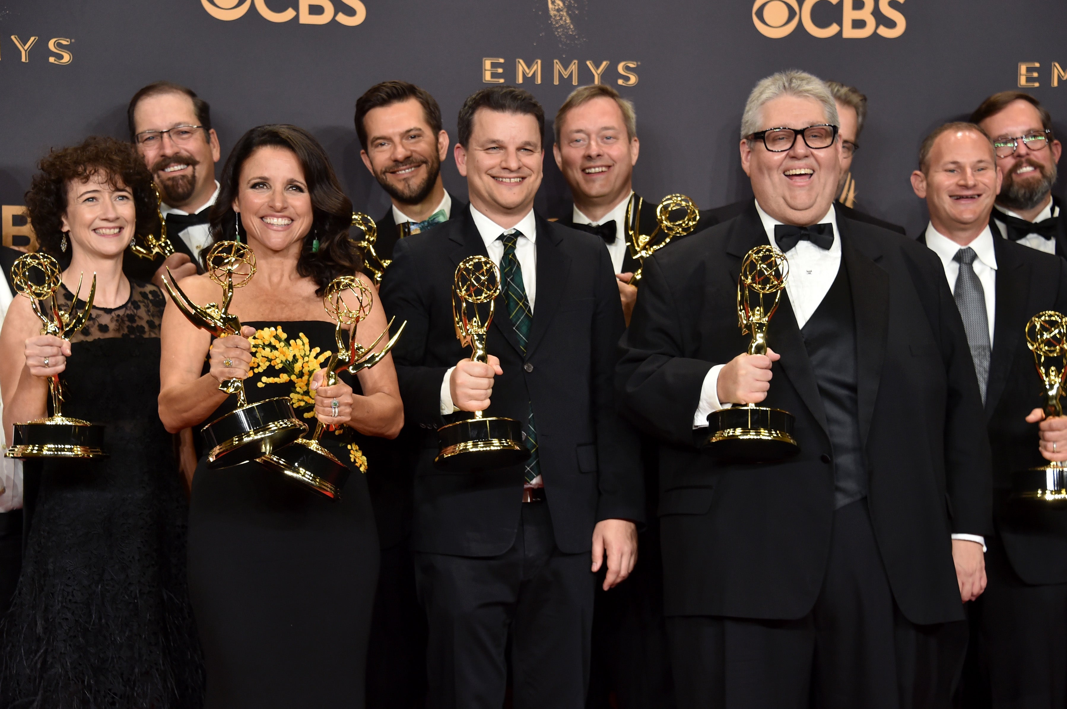 Cast and crew of ‘Veep’, winners of the award for Outstanding Comedy Series, pose in the press room during the 69th Annual Primetime Emmy Awards in 2017 (Getty)