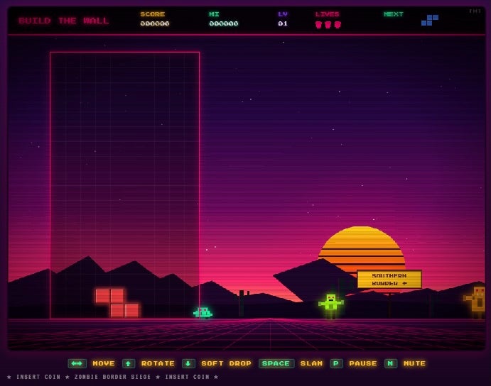 In 'Build The Wall,' players position colorful blocks to block alien-looking pixelated creatures from getting through the wall